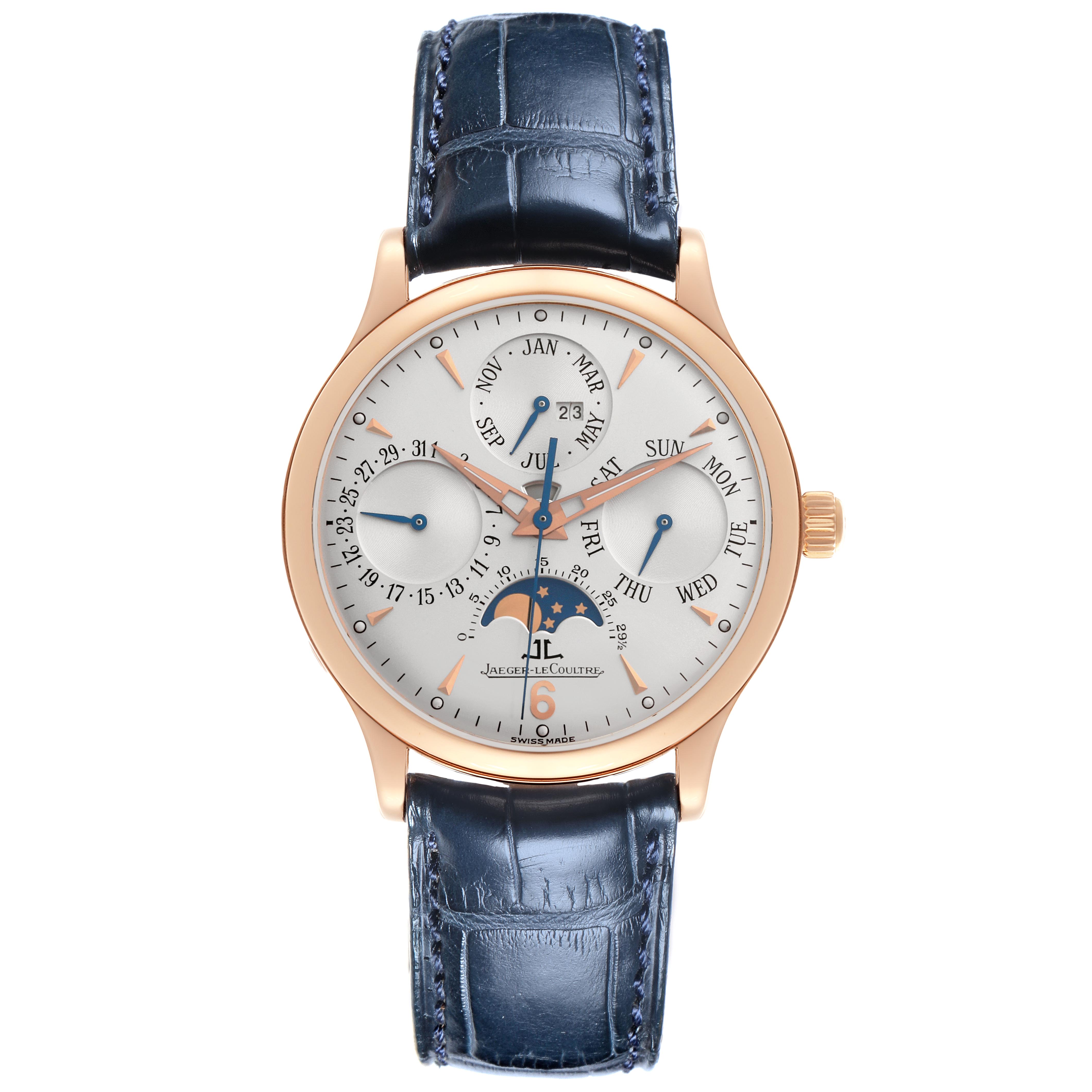 The Jaeger LeCoultre Master Q149242A Men
s Rose Gold Silver Dial Q149242A Men
s Rose Gold Silver Dial watch is shown from a front view, displaying the dial with calendar and moon phase complications.