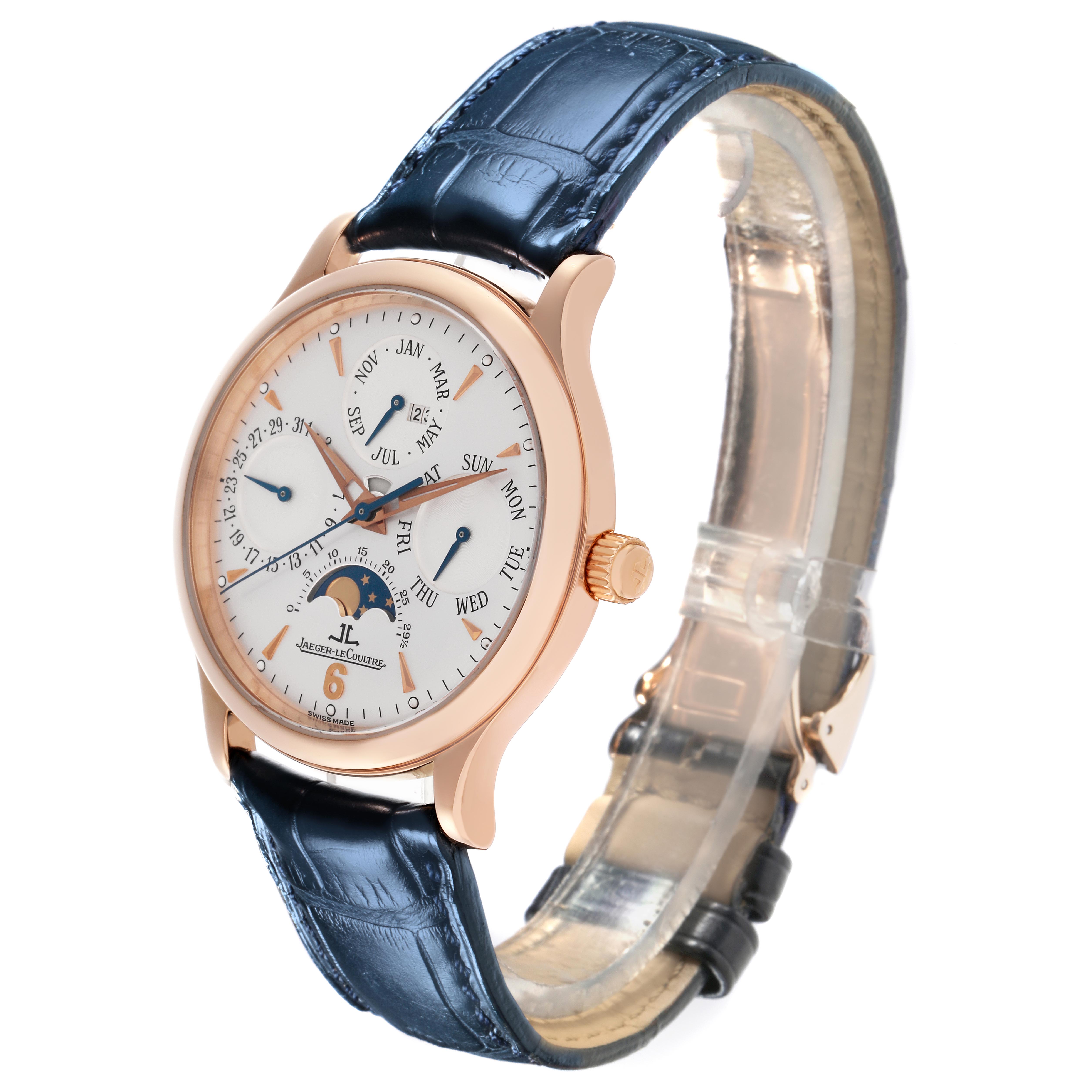 The Jaeger-LeCoultre Master model is shown at a three-quarter angle, highlighting its face, case, crown, and blue leather strap.