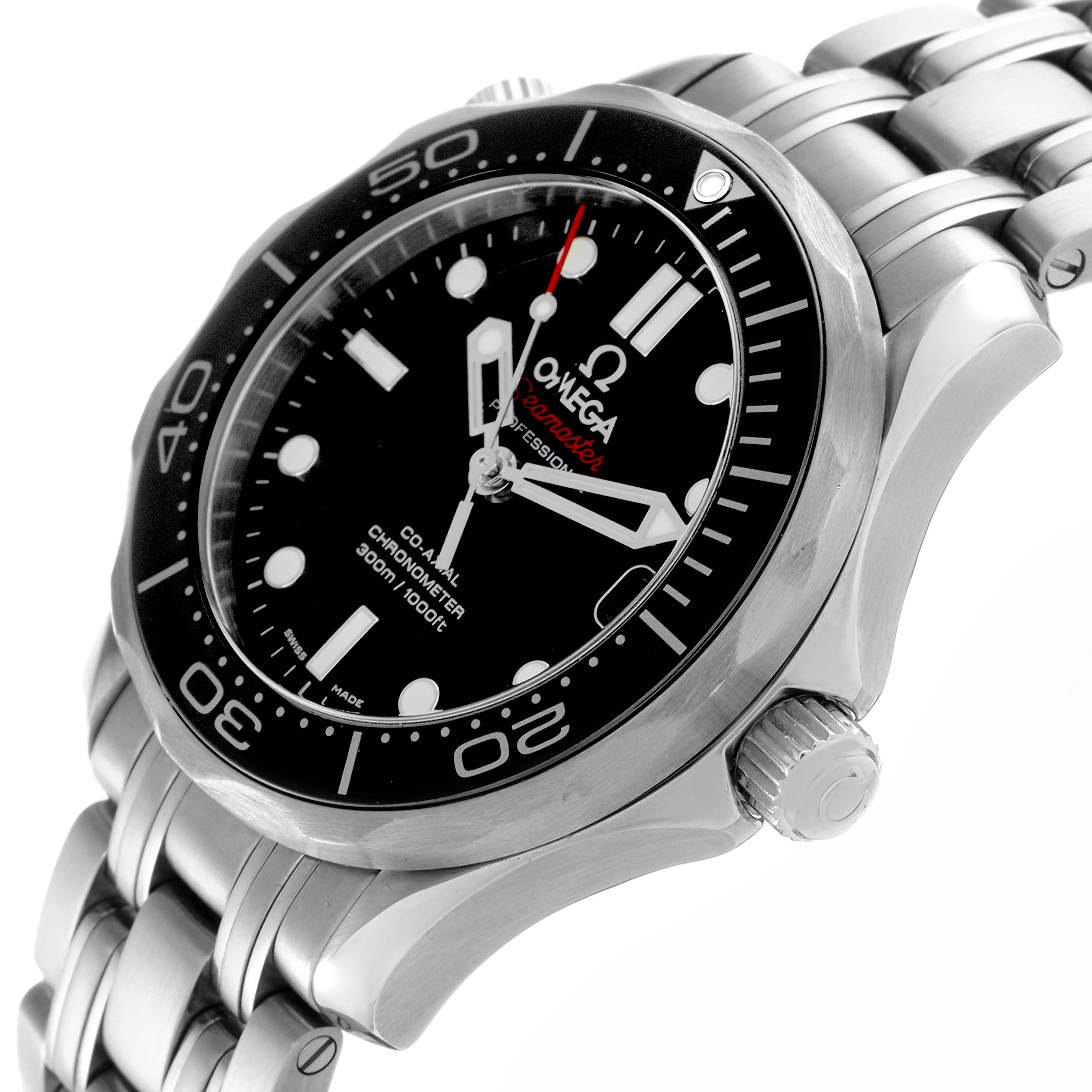 The Omega Seamaster 212.30.36.20.01.002 Men
s Stainless Steel Black Dial 212.30.36.20.01.002 Men
s Stainless Steel Black Dial watch is shown at a slight angle, displaying its face, bezel, crown, and bracelet.