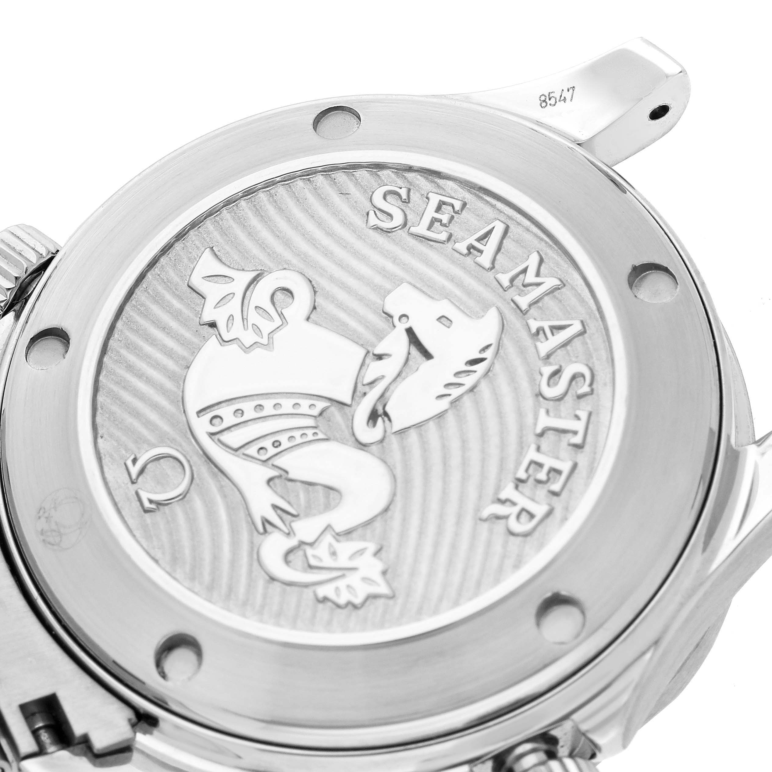 The image shows the case back of the Omega Seamaster 212.30.36.20.01.002 Men
s Stainless Steel Black Dial 212.30.36.20.01.002 Men
s Stainless Steel Black Dial, highlighting its engraved emblem and text.