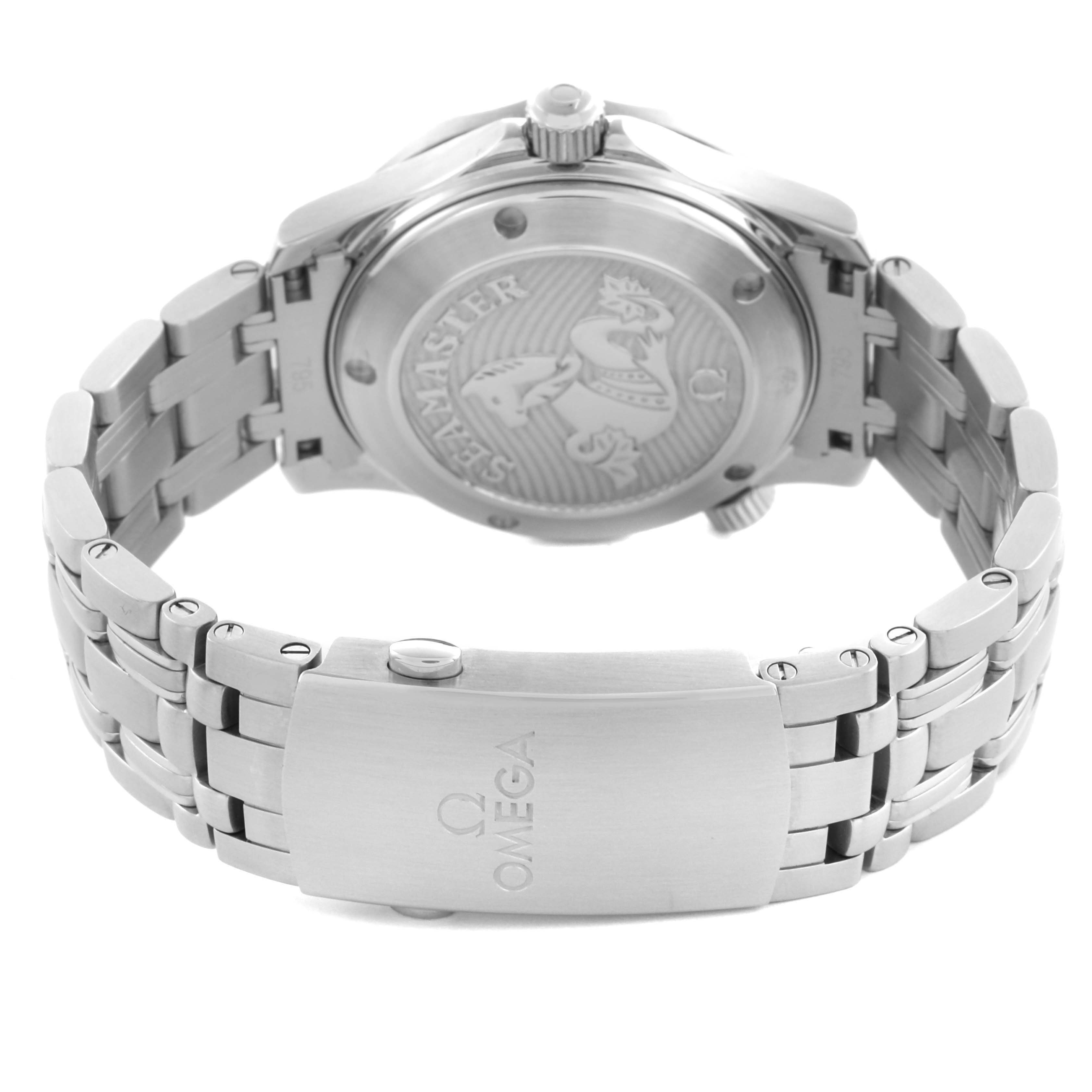 The image shows the back view of an Omega Seamaster 212.30.36.20.01.002 Men
s Stainless Steel Black Dial 212.30.36.20.01.002 Men
s Stainless Steel Black Dial watch, highlighting the case back and bracelet clasp.