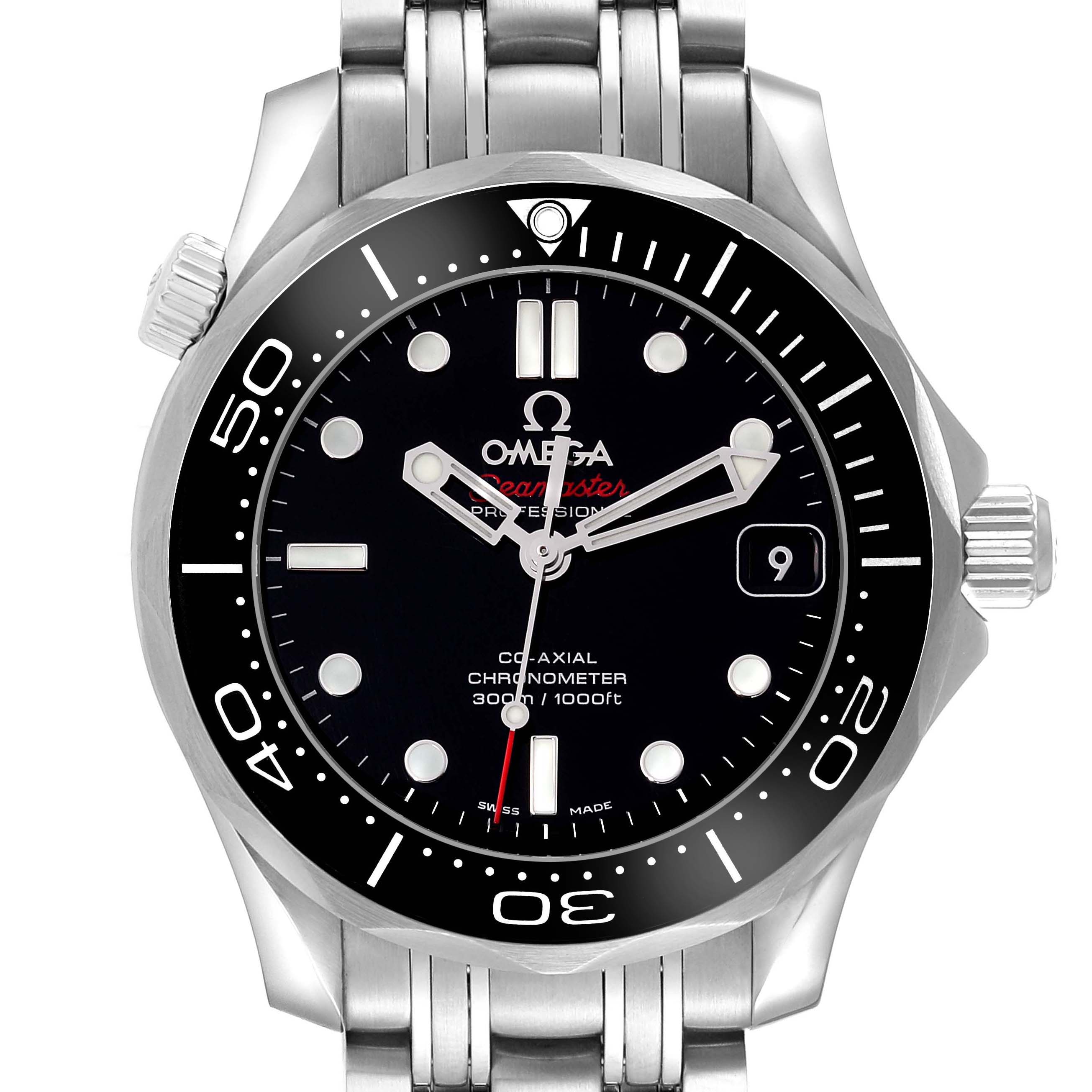 The Omega Seamaster 212.30.36.20.01.002 Men
s Stainless Steel Black Dial 212.30.36.20.01.002 Men
s Stainless Steel Black Dial watch is shown from a front angle, displaying its dial, bezel, crown, and part of the bracelet.