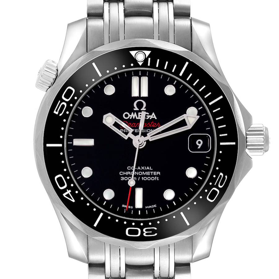 The Omega Seamaster watch is shown from a front angle, displaying its dial, bezel, crown, and part of the bracelet.