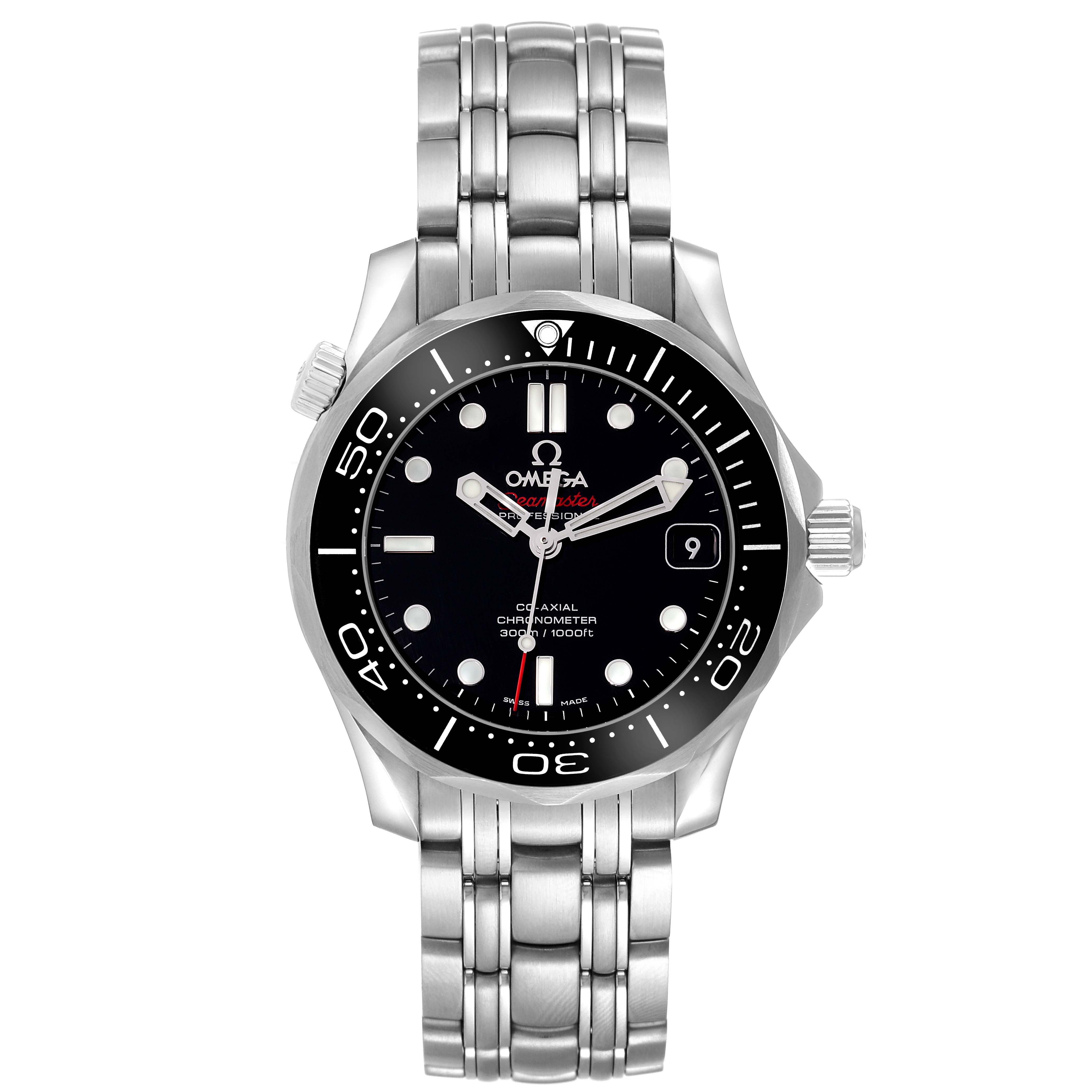 The Omega Seamaster 212.30.36.20.01.002 Men
s Stainless Steel Black Dial 212.30.36.20.01.002 Men
s Stainless Steel Black Dial watch is shown from a top-down angle, highlighting the face, bezel, crown, and stainless steel bracelet.
