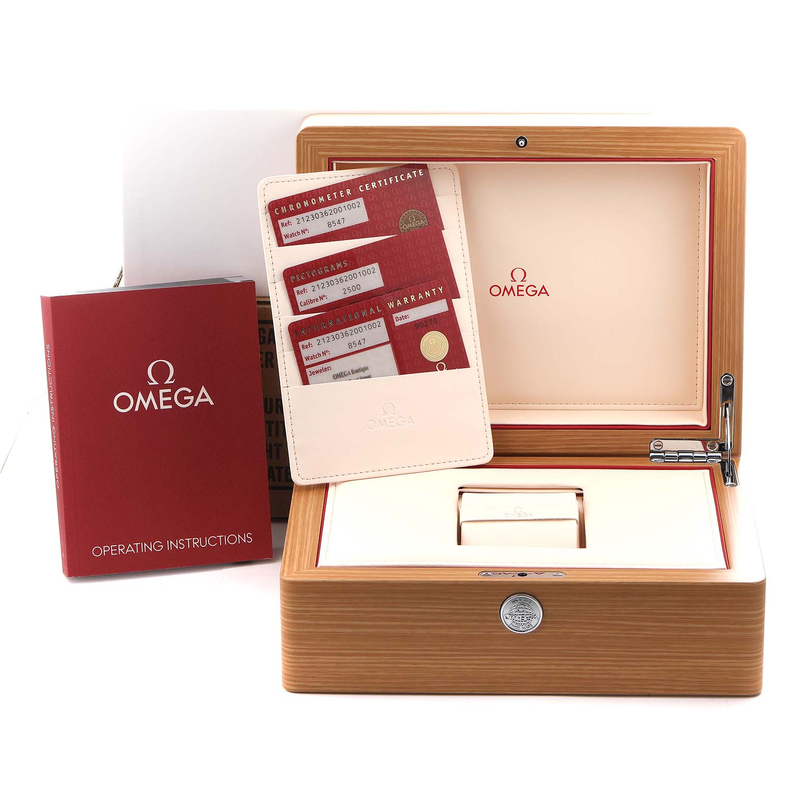 The image shows an Omega Seamaster 212.30.36.20.01.002 Men
s Stainless Steel Black Dial 212.30.36.20.01.002 Men
s Stainless Steel Black Dial wooden box, warranty cards, and an instruction manual from a front angle.