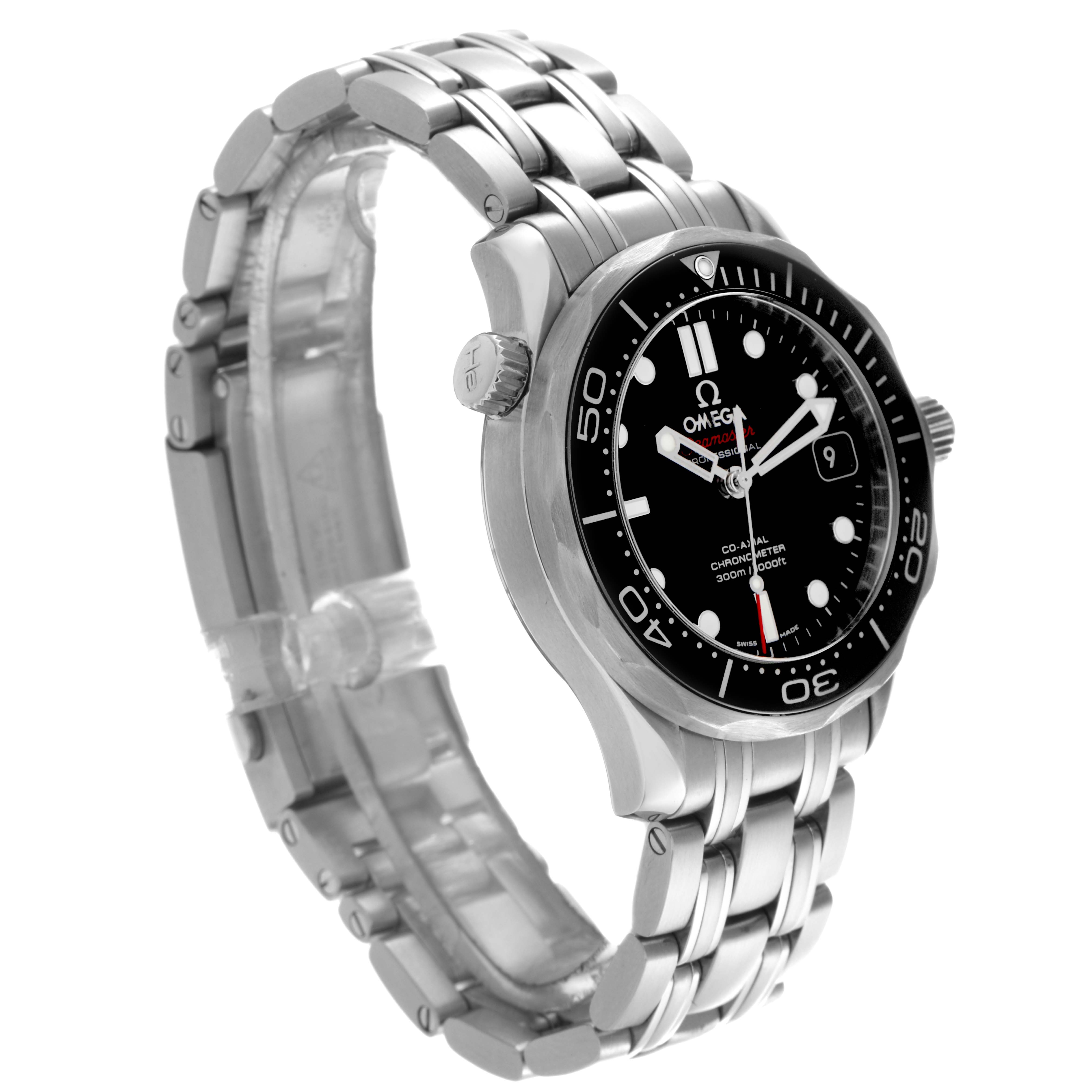 The Omega Seamaster 212.30.36.20.01.002 Men
s Stainless Steel Black Dial 212.30.36.20.01.002 Men
s Stainless Steel Black Dial watch is shown at an angled front view, displaying the dial, bezel, crown, and metal bracelet.