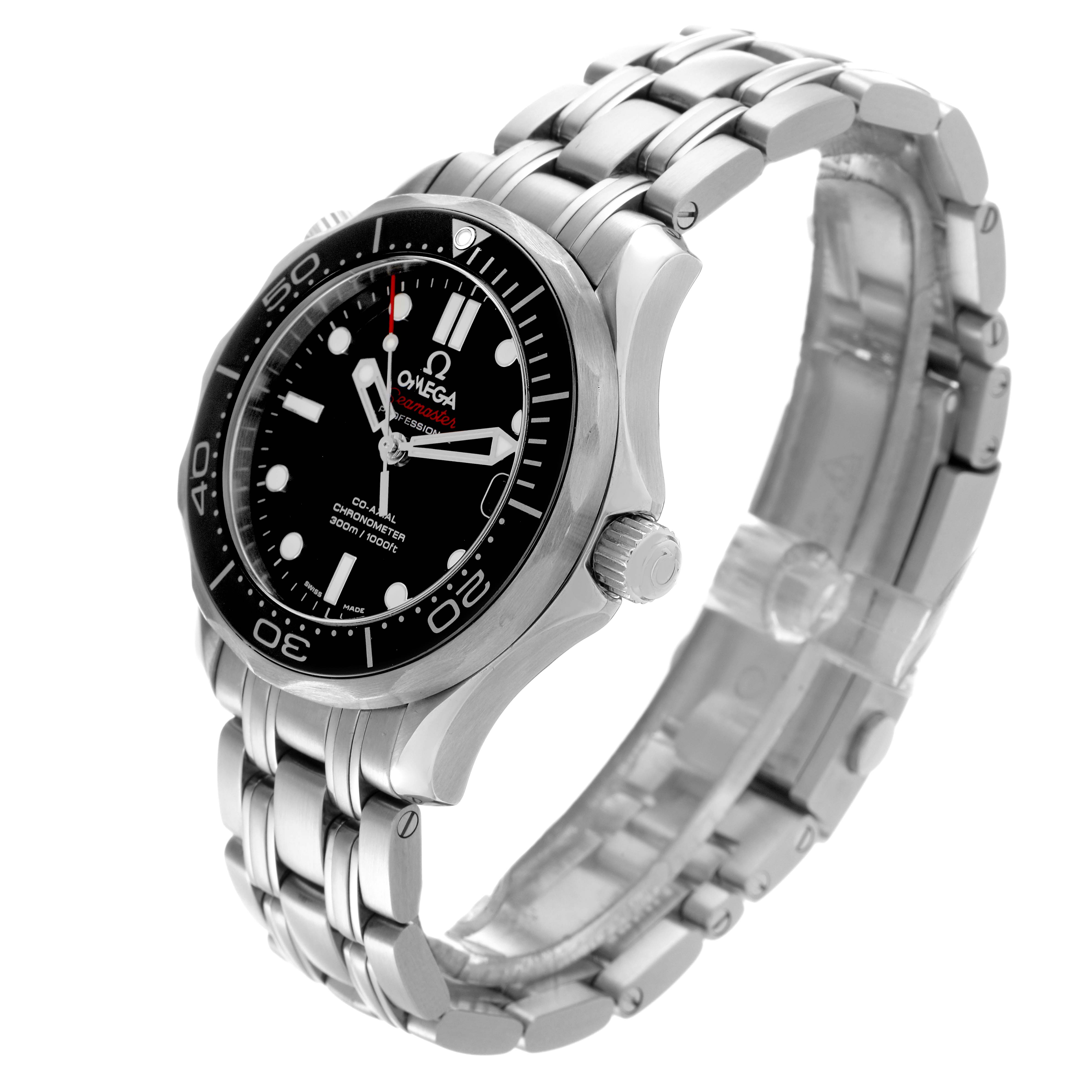The Omega Seamaster 212.30.36.20.01.002 Men
s Stainless Steel Black Dial 212.30.36.20.01.002 Men
s Stainless Steel Black Dial watch is shown at an angled side view, highlighting the bezel, dial, crown, and bracelet.