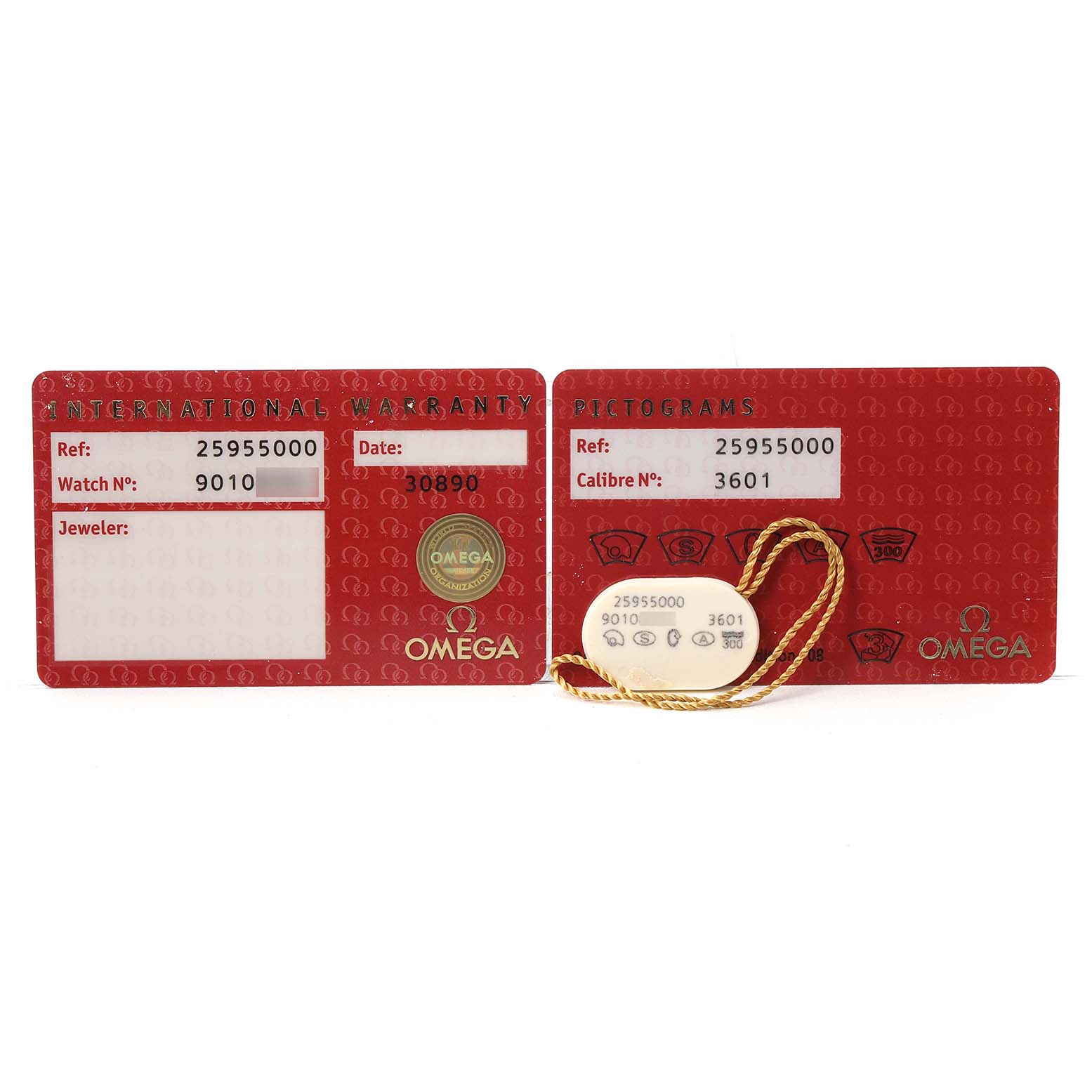 The image shows the Omega Seamaster 2595.50.00 Men's Stainless Steel Black Dial accessories including two red cards for warranty and pictograms, and a white tag with a string.