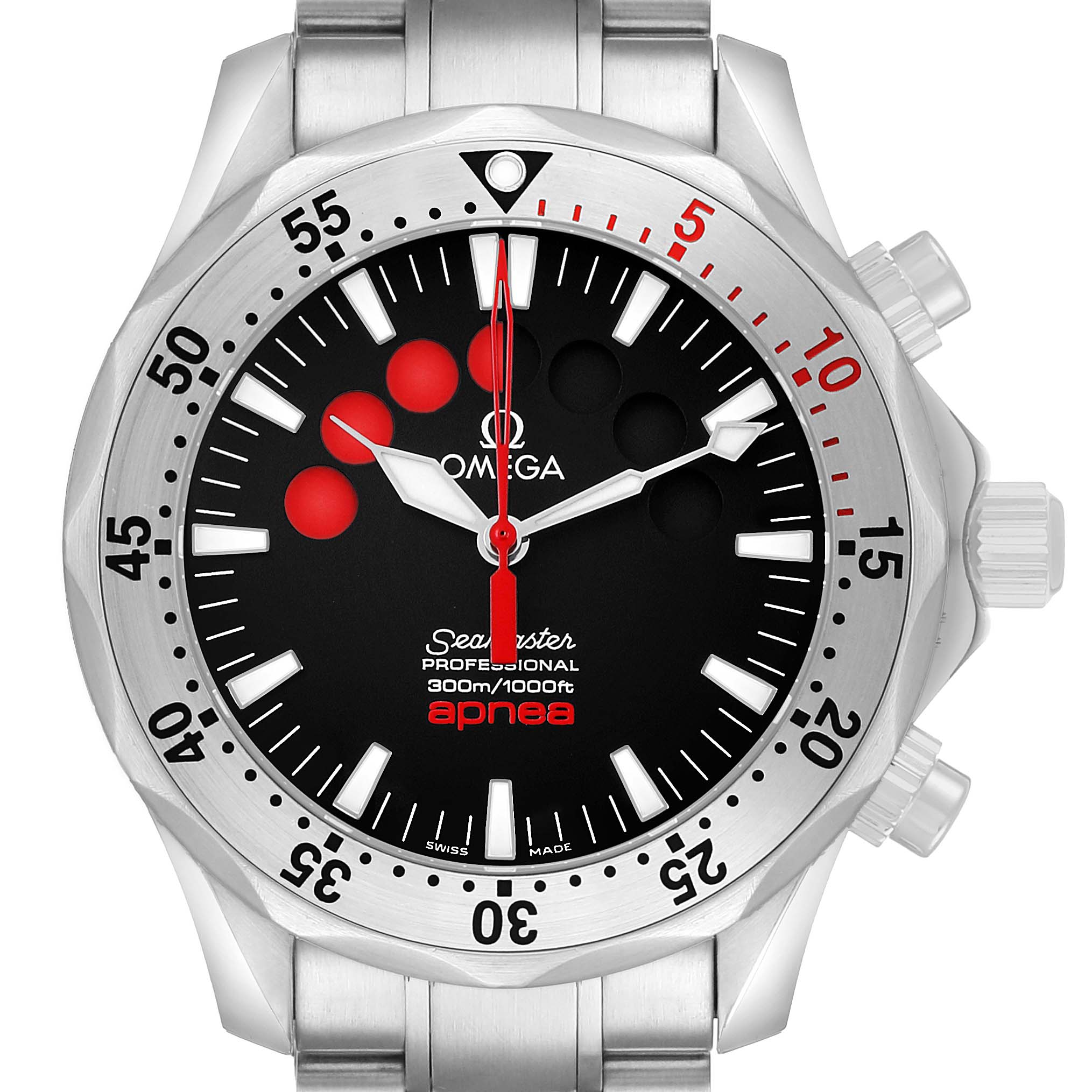 The Omega Seamaster 2595.50.00 Men's Stainless Steel Black Dial watch is shown from a front view, highlighting its dial, hands, bezel, and crown.