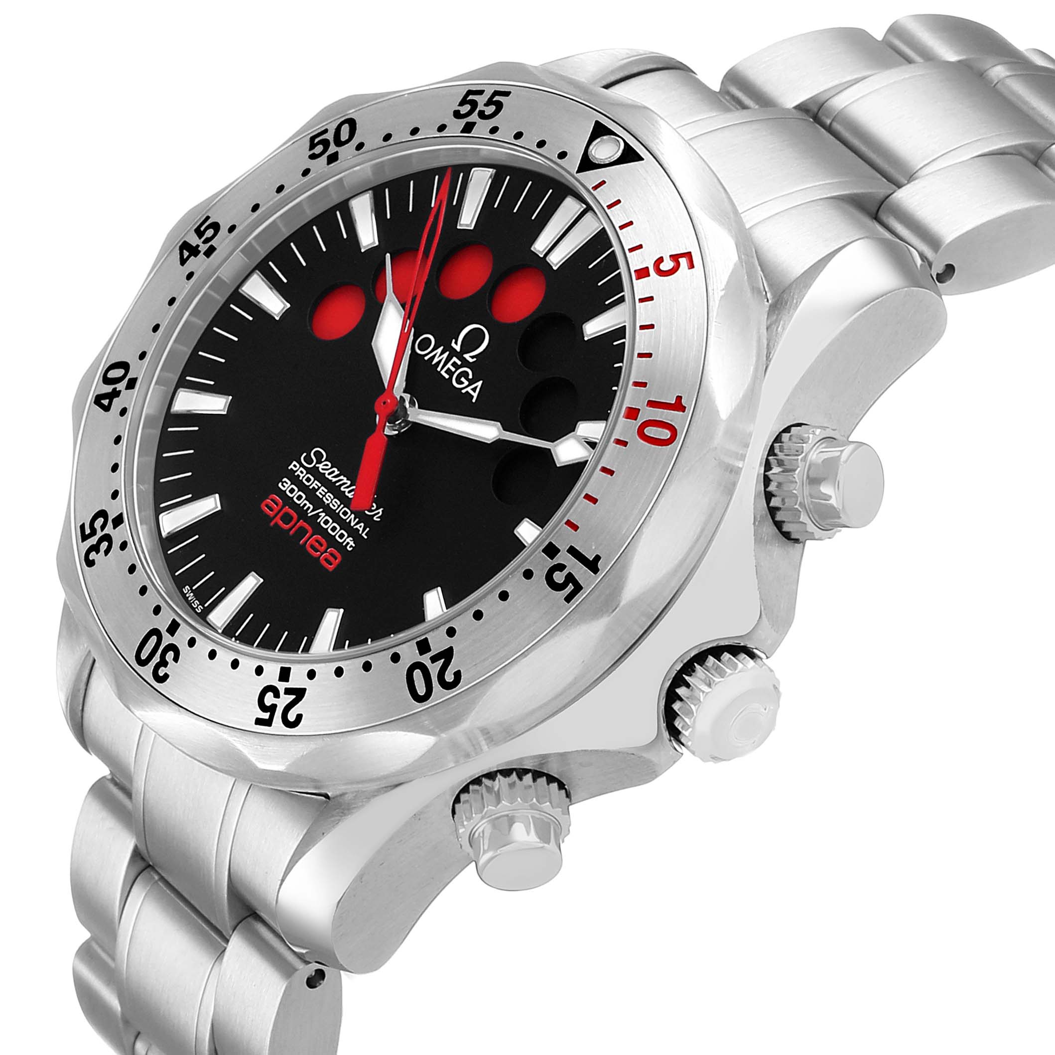 The Omega Seamaster 2595.50.00 Men's Stainless Steel Black Dial is shown at a three-quarter angle, highlighting the face, bezel, crown, and bracelet.