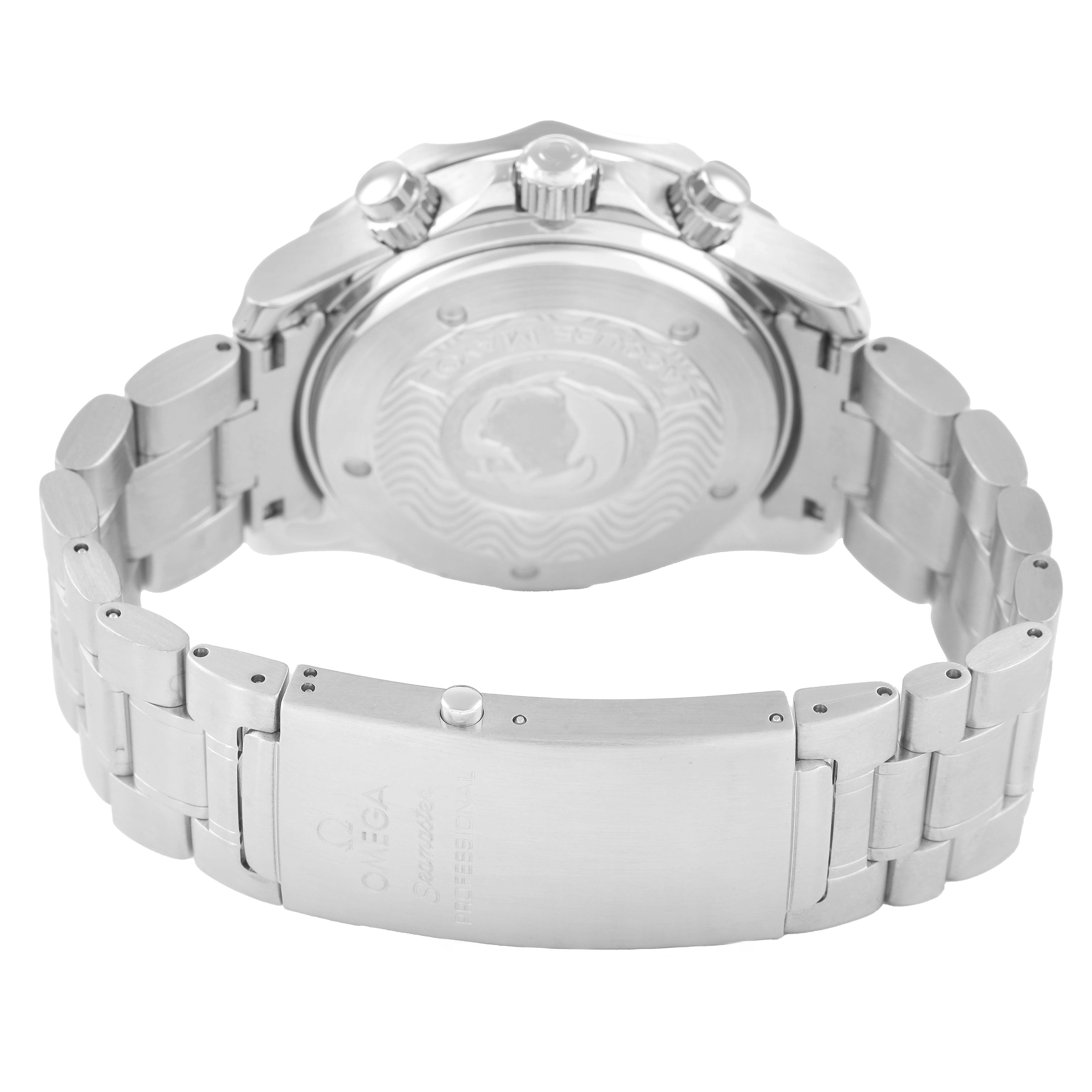 The Omega Seamaster 2595.50.00 Men's Stainless Steel Black Dial watch is shown from the back, featuring the case back, crown, pushers, and bracelet clasp.