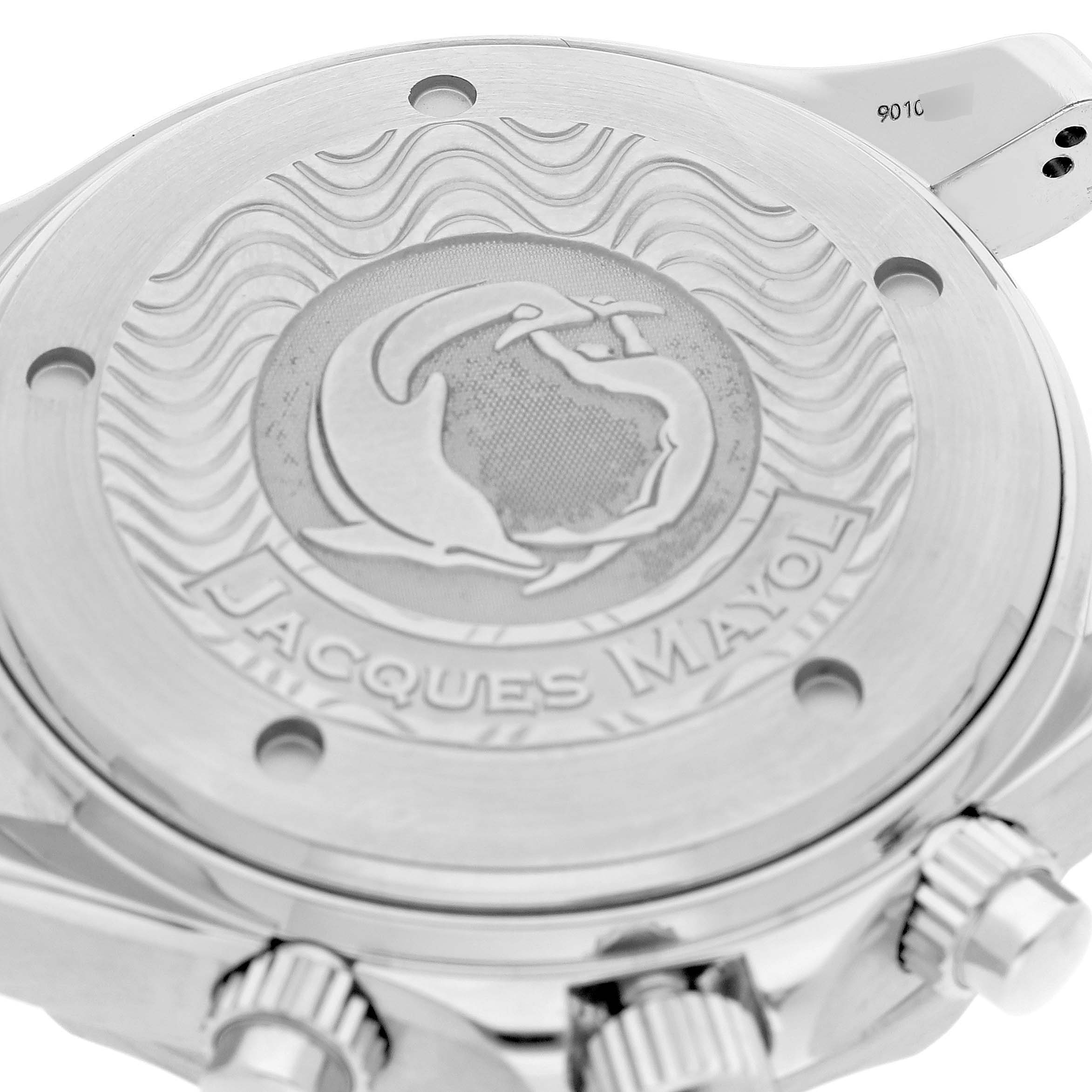 The image shows the back case of an Omega Seamaster 2595.50.00 Men's Stainless Steel Black Dial watch, featuring the Jacques Mayol engraving and side crowns.