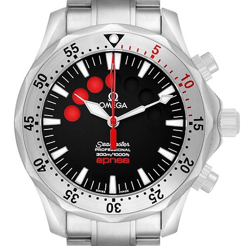 This image shows a front view of the Omega Seamaster 2595.50.00 Men's Stainless Steel Black Dial watch, highlighting its dial, bezel, and crown.