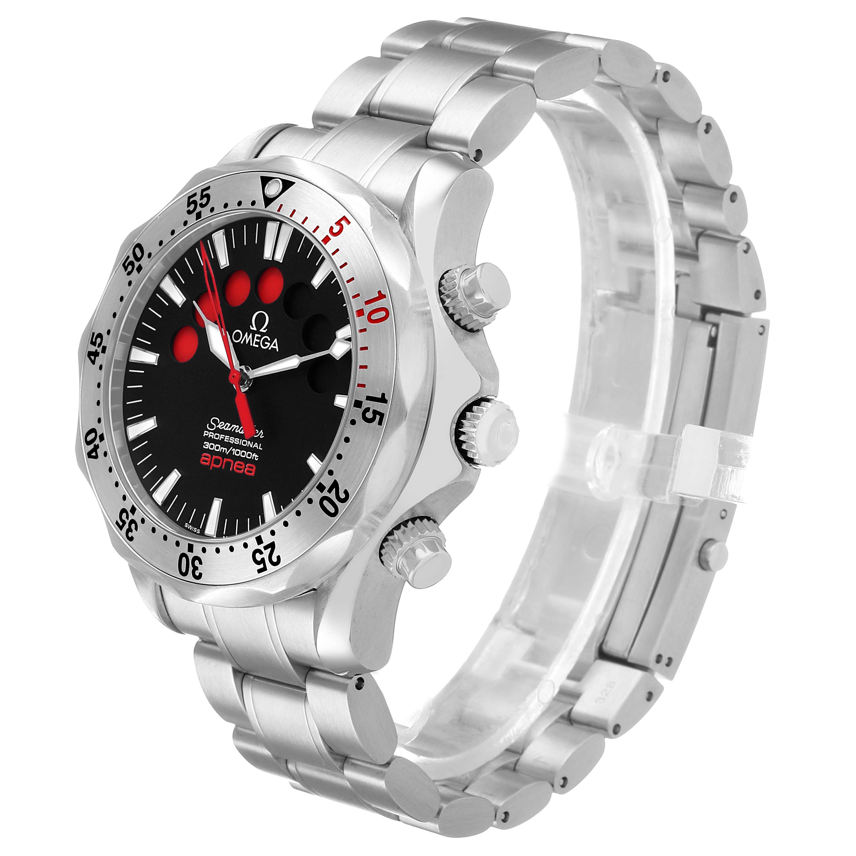 The Omega Seamaster 2595.50.00 Men's Stainless Steel Black Dial watch is shown at a three-quarter angle, displaying the face, bezel, case, crown, and metal bracelet.
