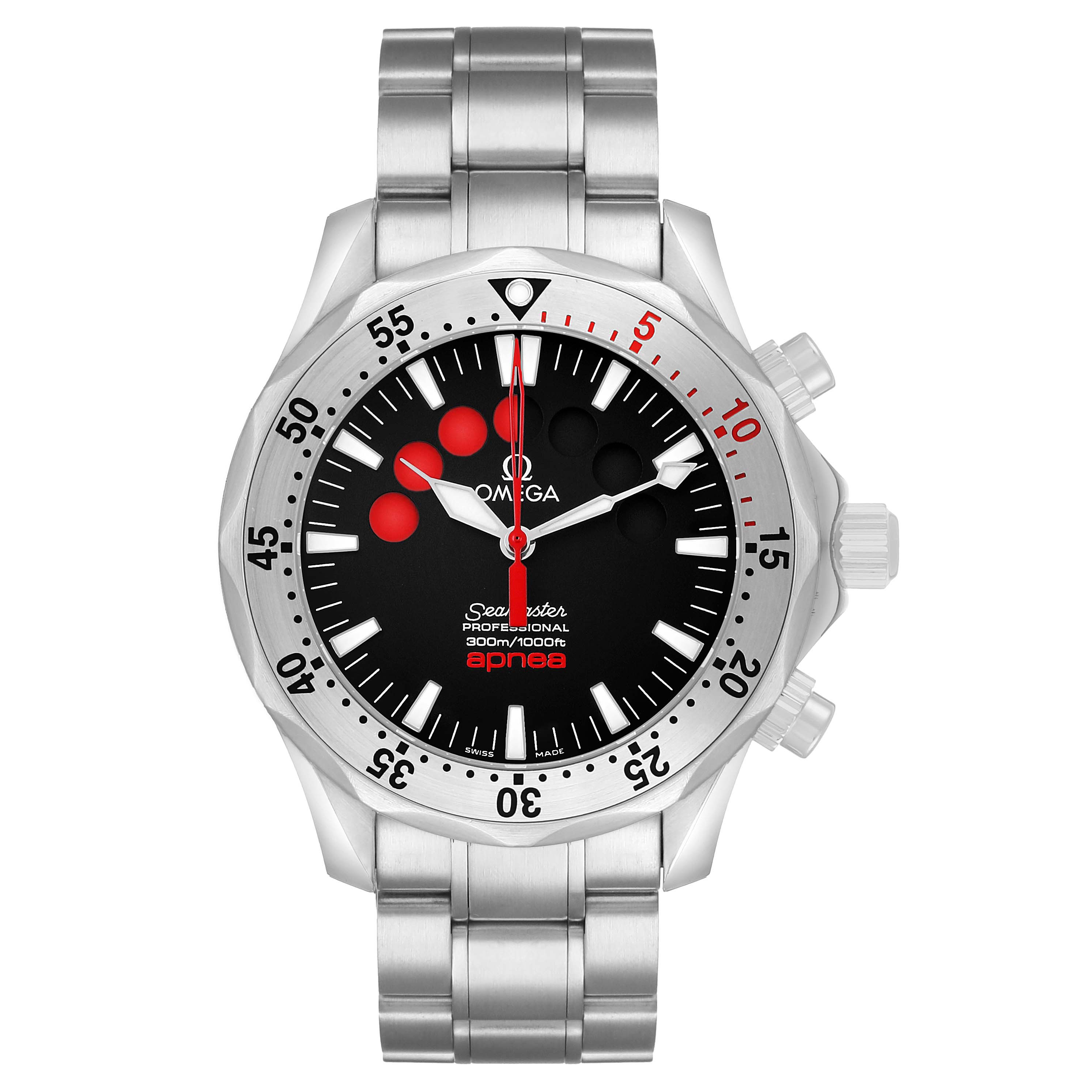 The Omega Seamaster 2595.50.00 Men's Stainless Steel Black Dial is shown from the front, displaying its bezel, dial, hands, and bracelet.