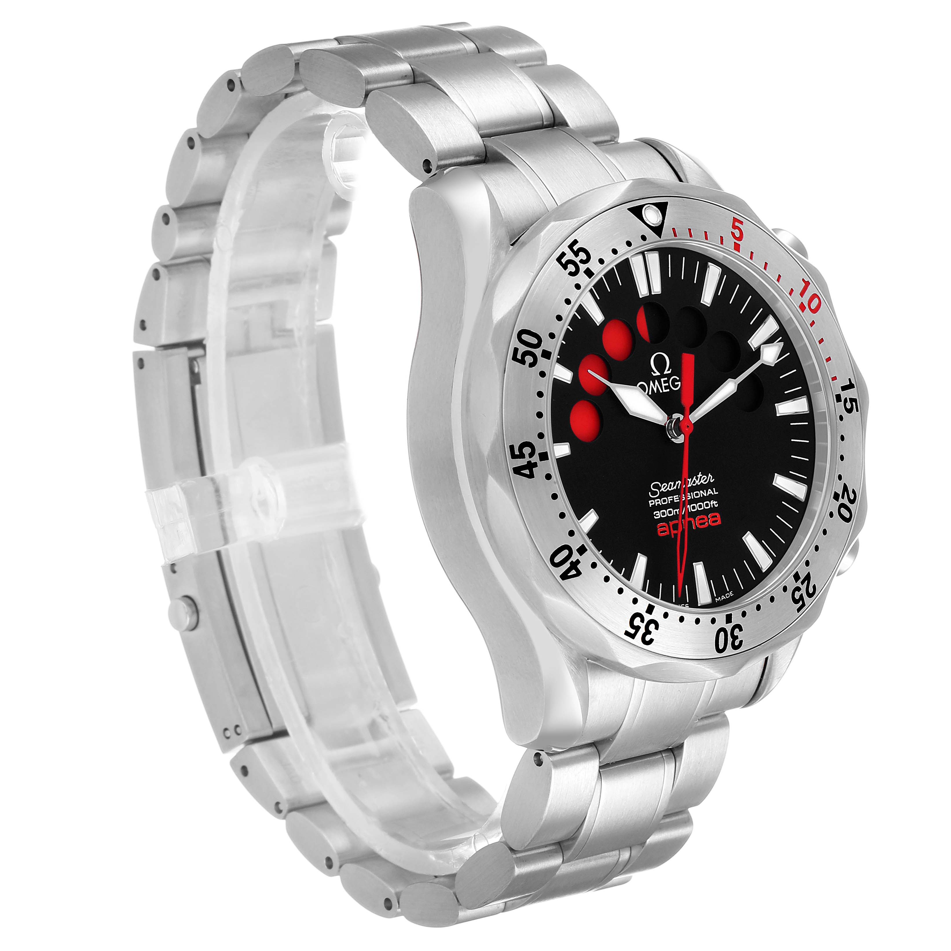 The Omega Seamaster 2595.50.00 Men's Stainless Steel Black Dial watch is shown at a three-quarter angle displaying the face, bezel, and part of the bracelet.