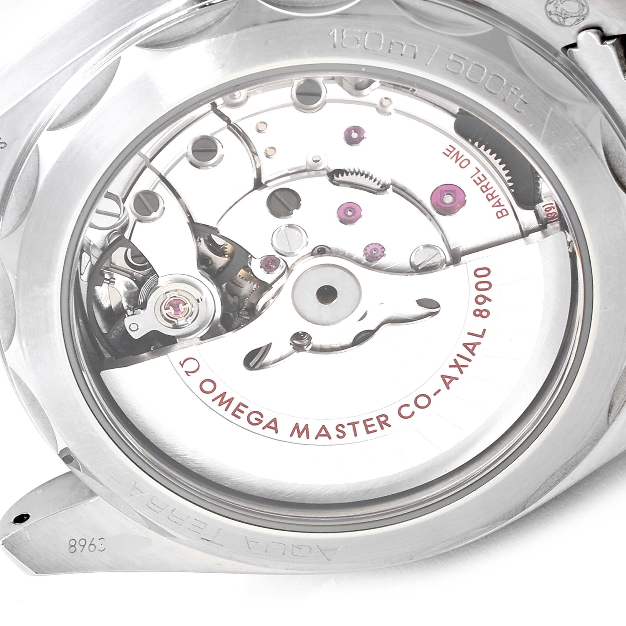 The image shows the back view of the Omega Aqua Terra 220.10.41.21.01.001 Men's Stainless Steel Black Dial 220.10.41.21.01.001 Men's Stainless Steel Black Dial's movement, displaying the Co-Axial 8900 mechanism.