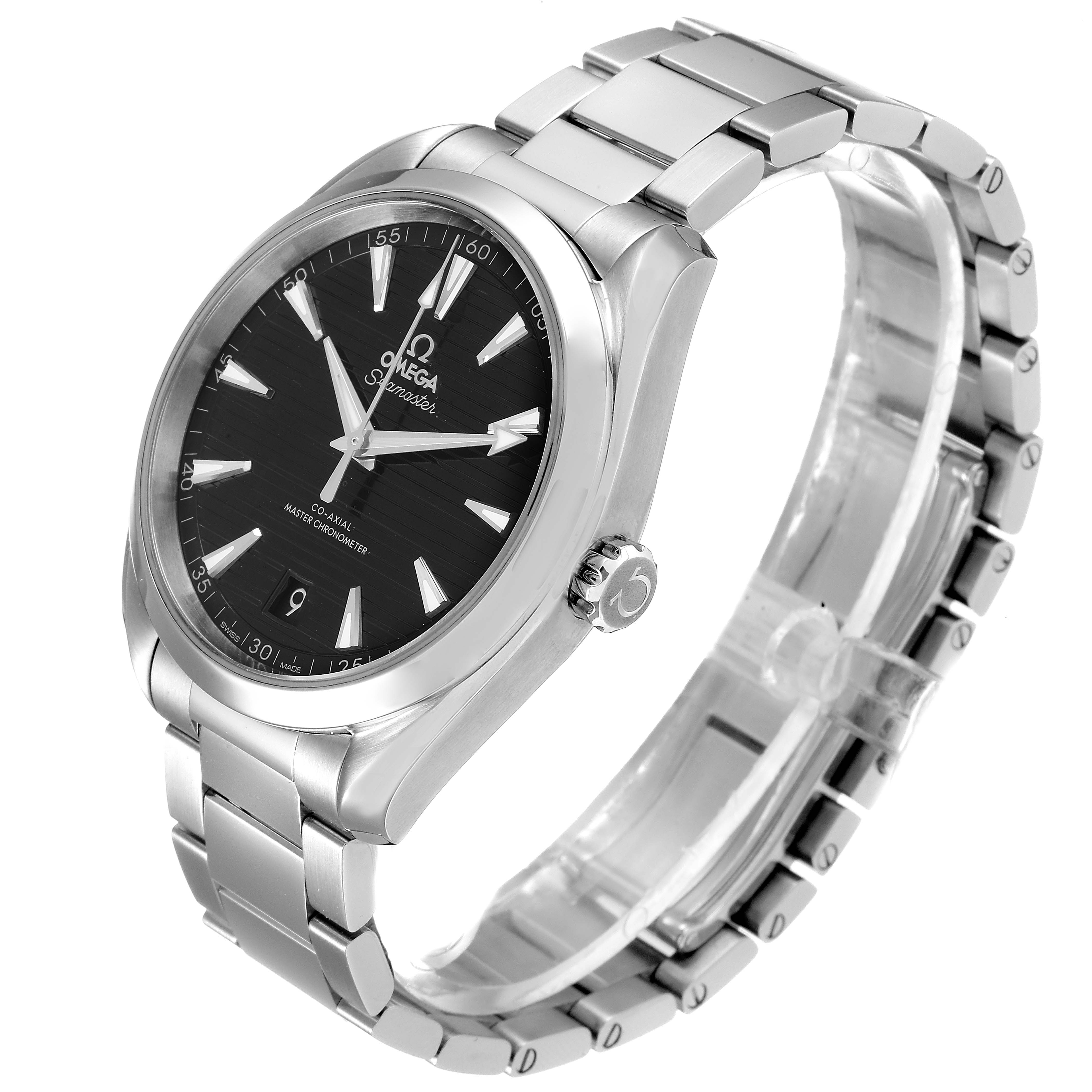 This Omega Aqua Terra 220.10.41.21.01.001 Men's Stainless Steel Black Dial 220.10.41.21.01.001 Men's Stainless Steel Black Dial model watch is shown from a three-quarter angle, highlighting its face, crown, and stainless steel bracelet.