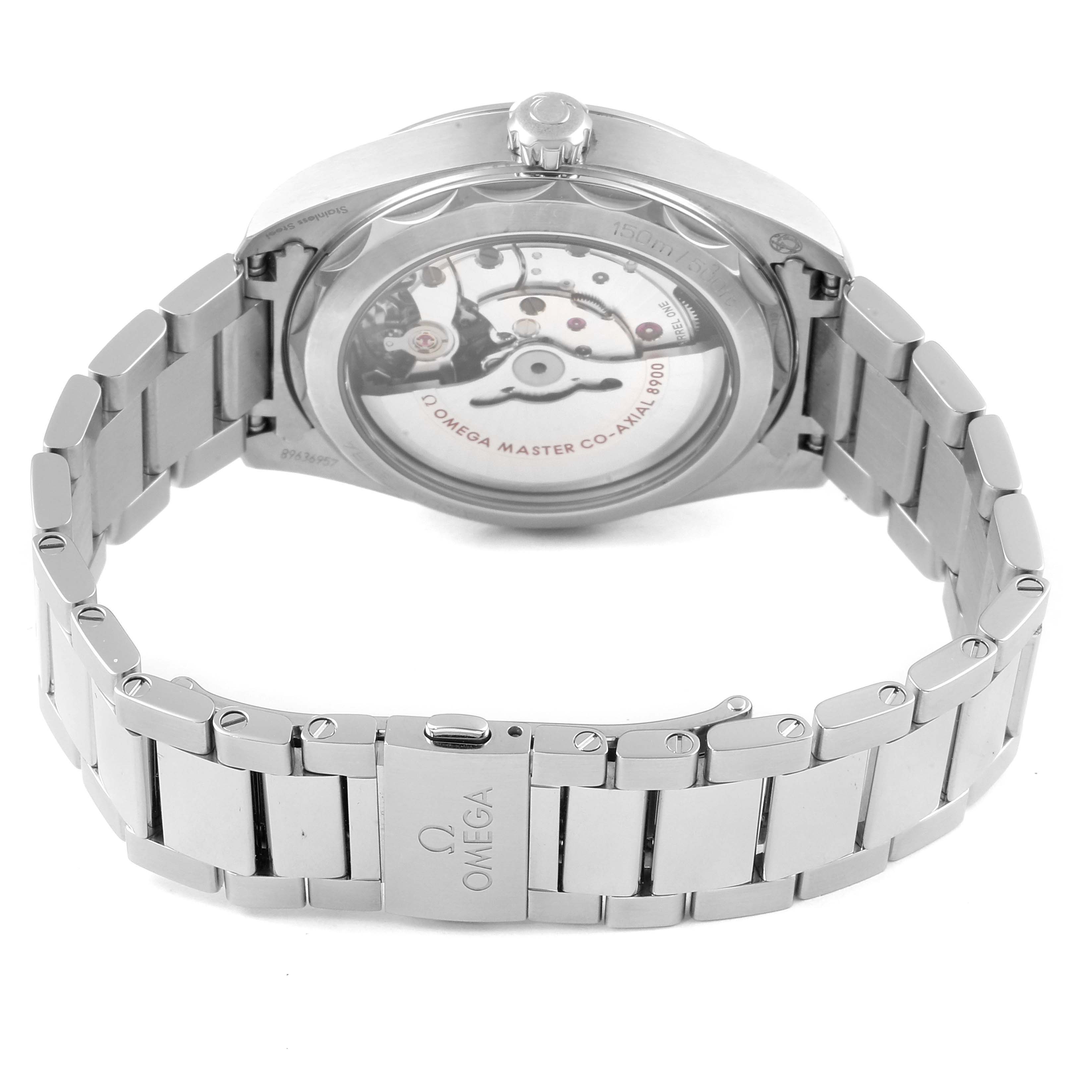 The image shows the back view and bracelet of the Omega Aqua Terra 220.10.41.21.01.001 Men's Stainless Steel Black Dial 220.10.41.21.01.001 Men's Stainless Steel Black Dial watch, highlighting the transparent case back and movement inside.