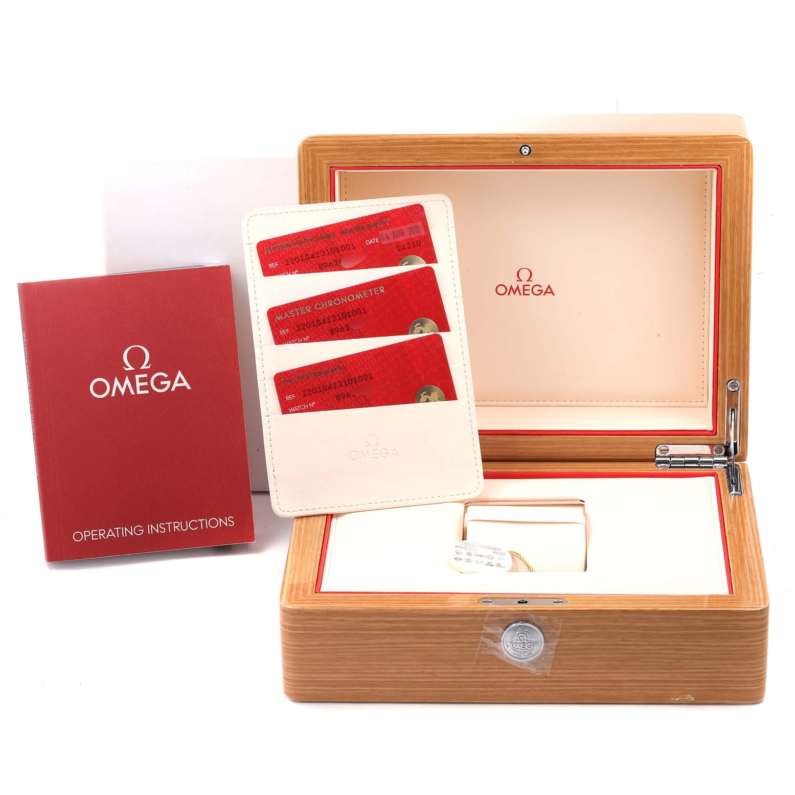 The image shows the Omega Aqua Terra 220.10.41.21.01.001 Men's Stainless Steel Black Dial 220.10.41.21.01.001 Men's Stainless Steel Black Dial watch box, operating instructions, warranty cards, and the inner watch compartment, viewed from the front.