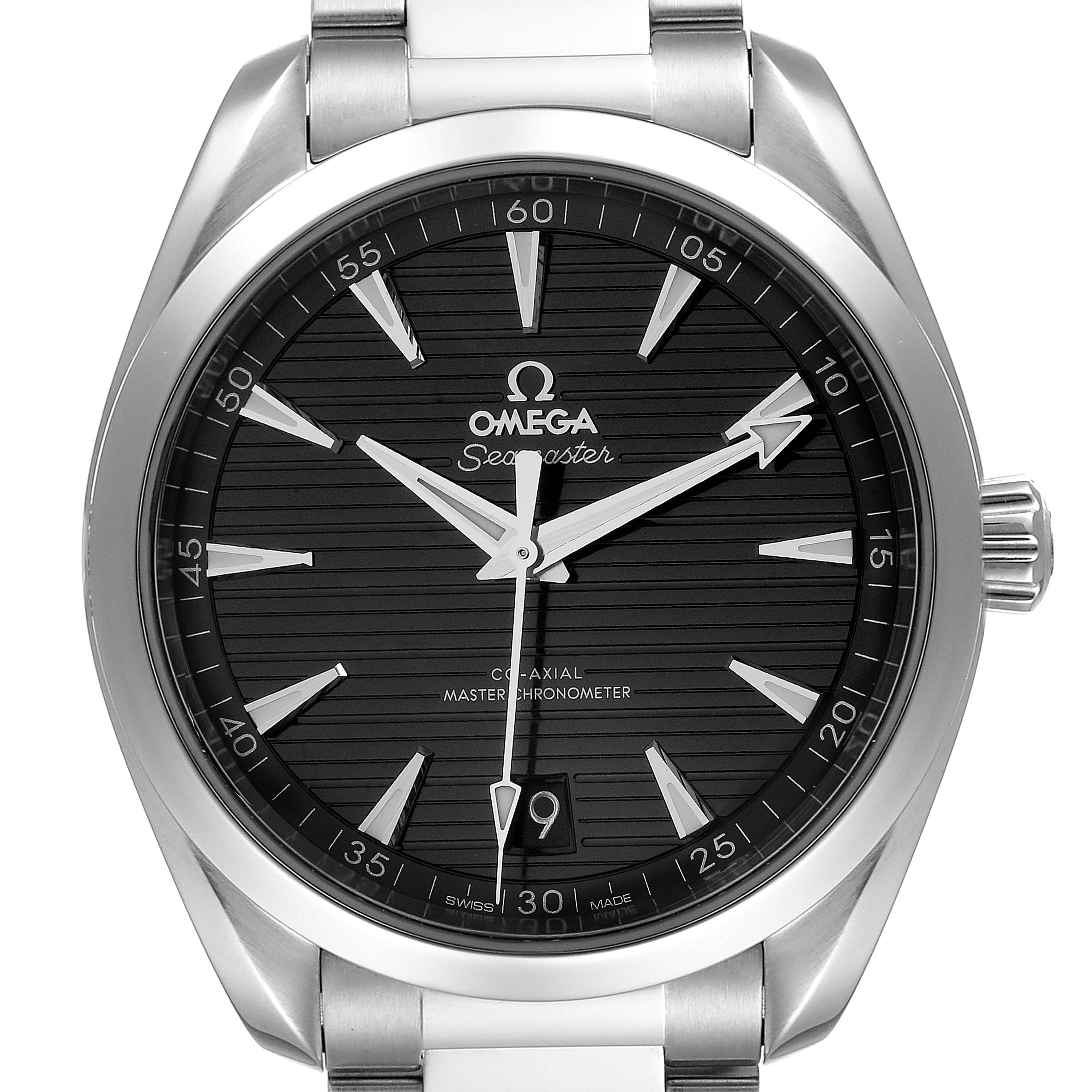 This image shows a front view of the Omega Aqua Terra 220.10.41.21.01.001 Men's Stainless Steel Black Dial 220.10.41.21.01.001 Men's Stainless Steel Black Dial model watch, displaying its black dial, silver hour markers, and stainless steel casing.