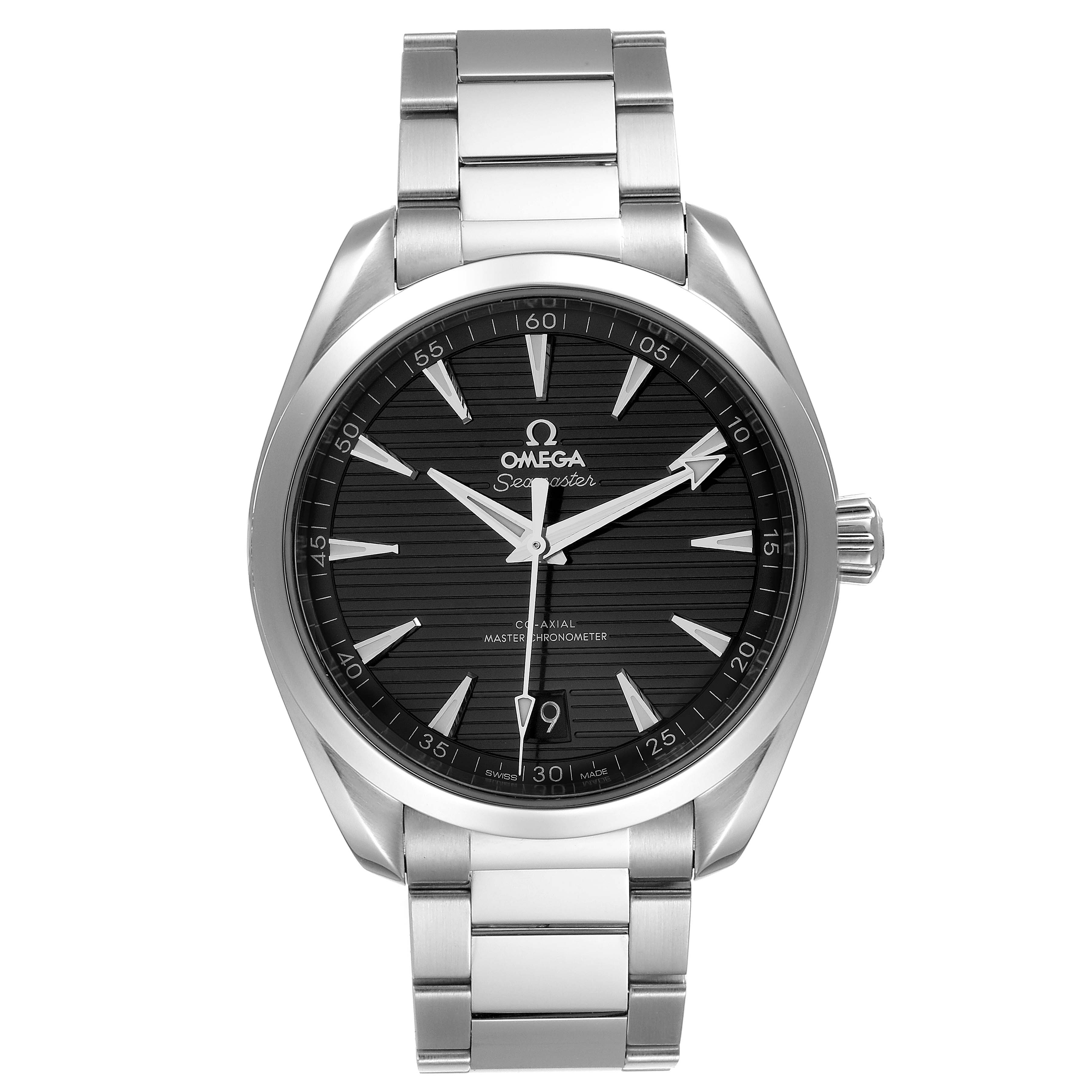 The image shows a front view of the Omega Seamaster Aqua Terra watch, highlighting its black dial, silver bracelet, and crown.