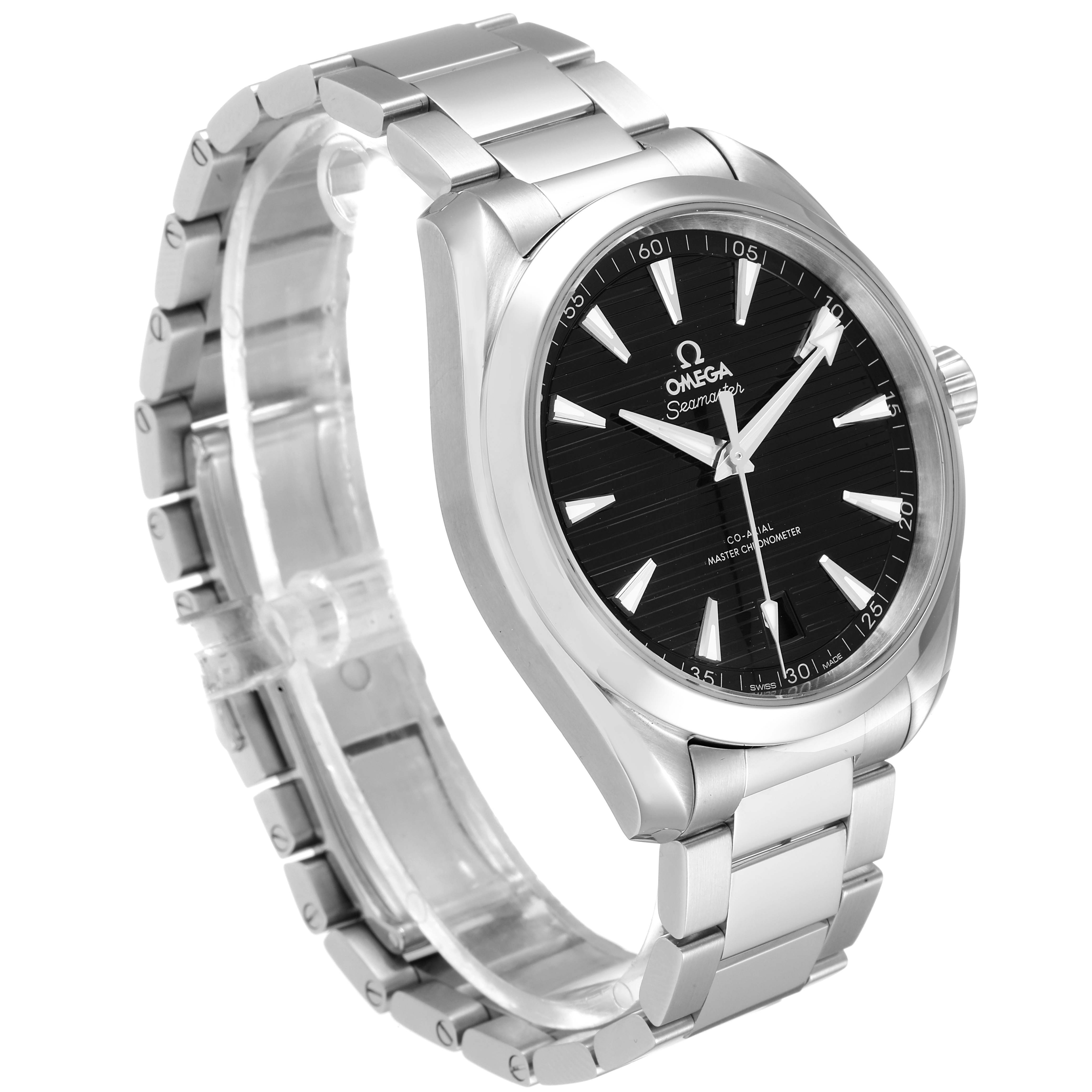 The image shows the Omega Aqua Terra 220.10.41.21.01.001 Men's Stainless Steel Black Dial 220.10.41.21.01.001 Men's Stainless Steel Black Dial watch from a three-quarter front angle, highlighting the face, bezel, and bracelet.