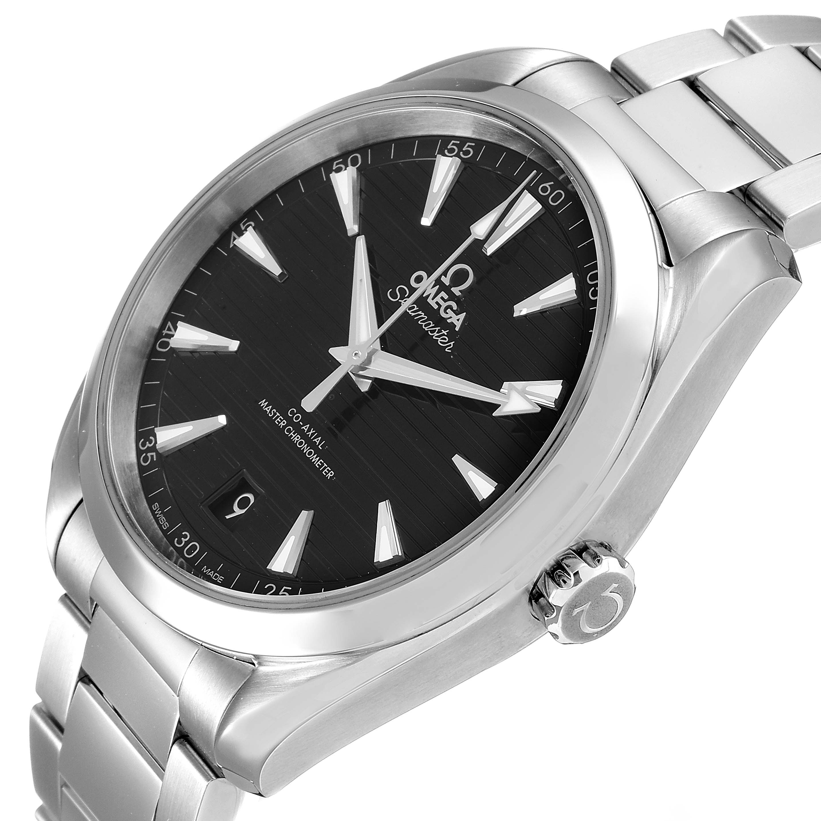 This image shows a side angle of the Omega Aqua Terra 220.10.41.21.01.001 Men's Stainless Steel Black Dial 220.10.41.21.01.001 Men's Stainless Steel Black Dial watch, highlighting the dial, bezel, and bracelet.