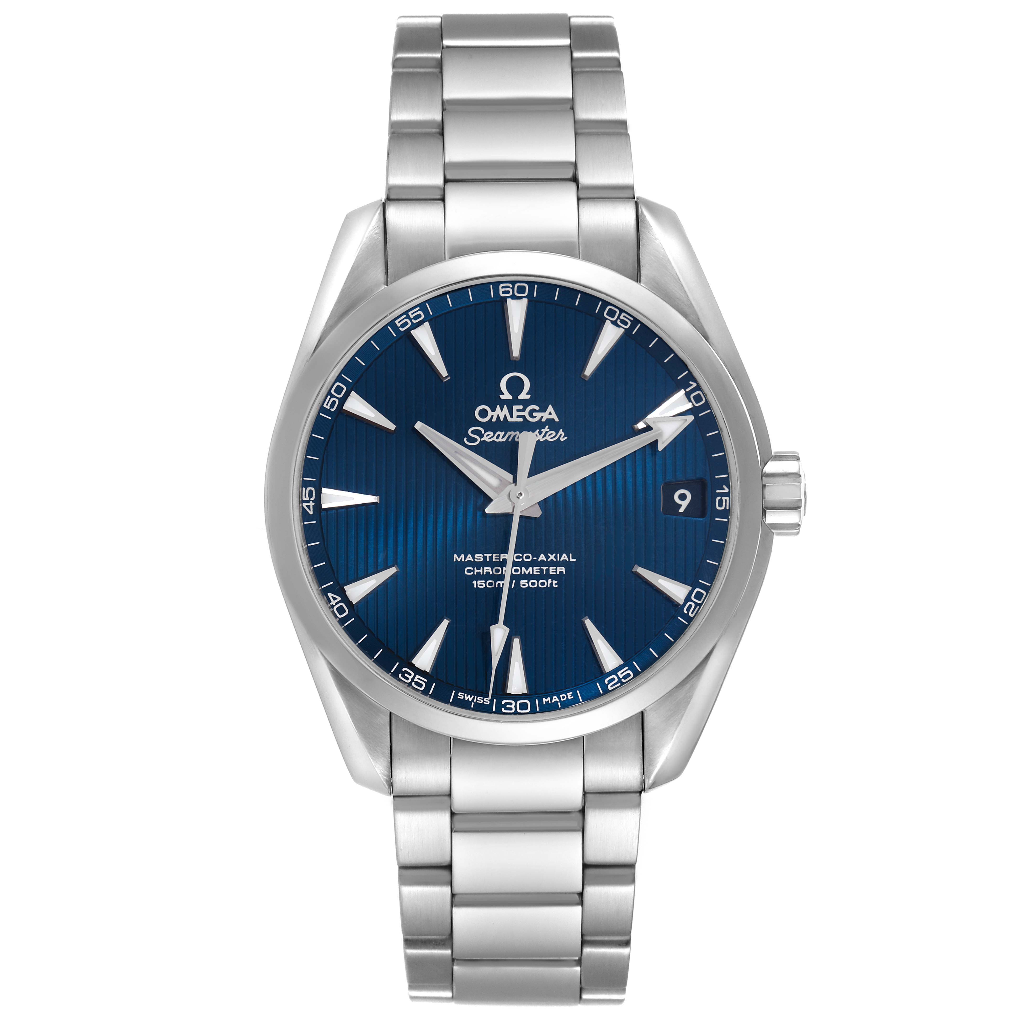 The Omega Aqua Terra 231.10.39.21.03.002 Men
s Stainless Steel Blue Dial 231.10.39.21.03.002 Men
s Stainless Steel Blue Dial watch is shown from a front angle, displaying its face, bracelet, and crown.