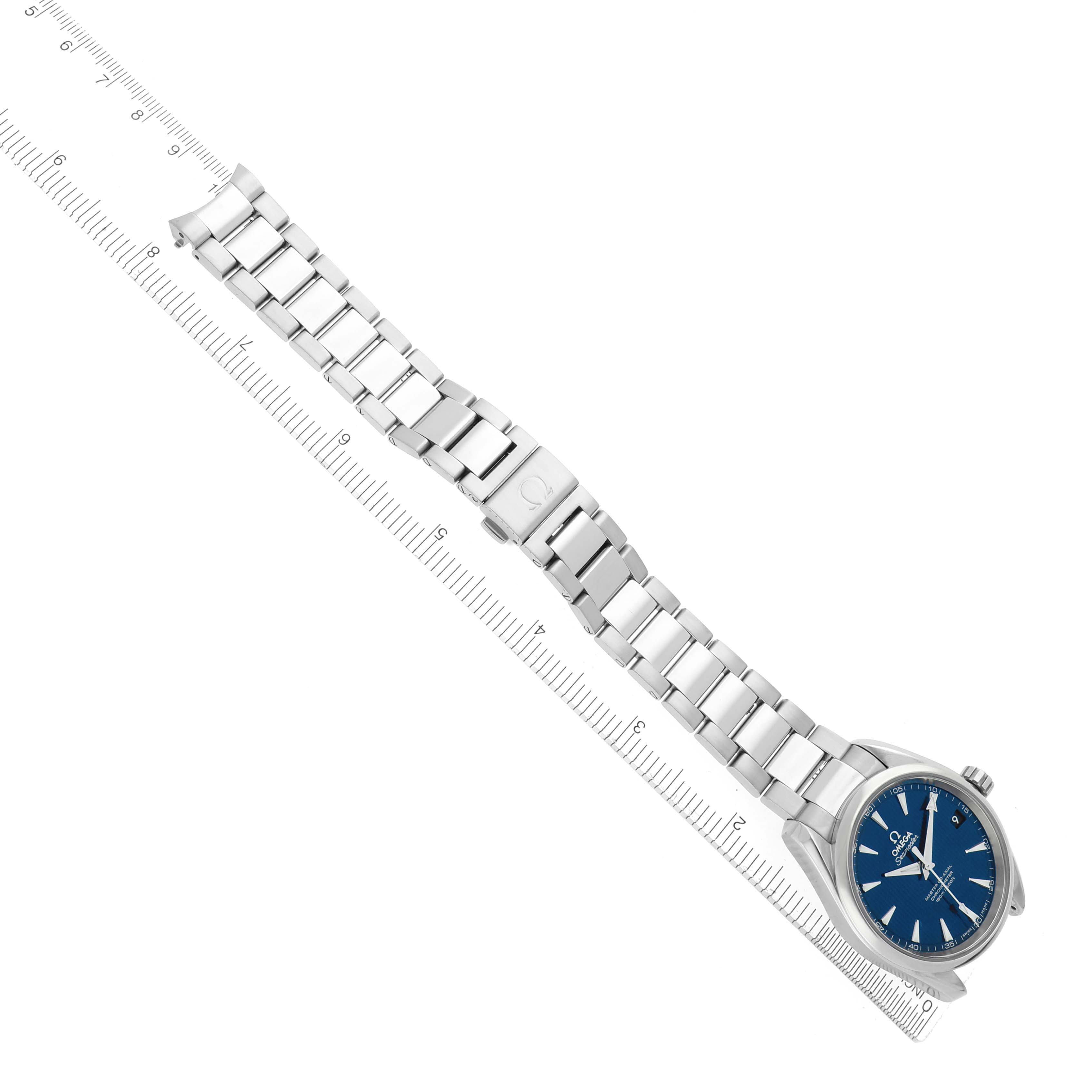 The Omega Aqua Terra 231.10.39.21.03.002 Men
s Stainless Steel Blue Dial 231.10.39.21.03.002 Men
s Stainless Steel Blue Dial watch is shown from an overhead angle, highlighting the bracelet, clasp, and face.