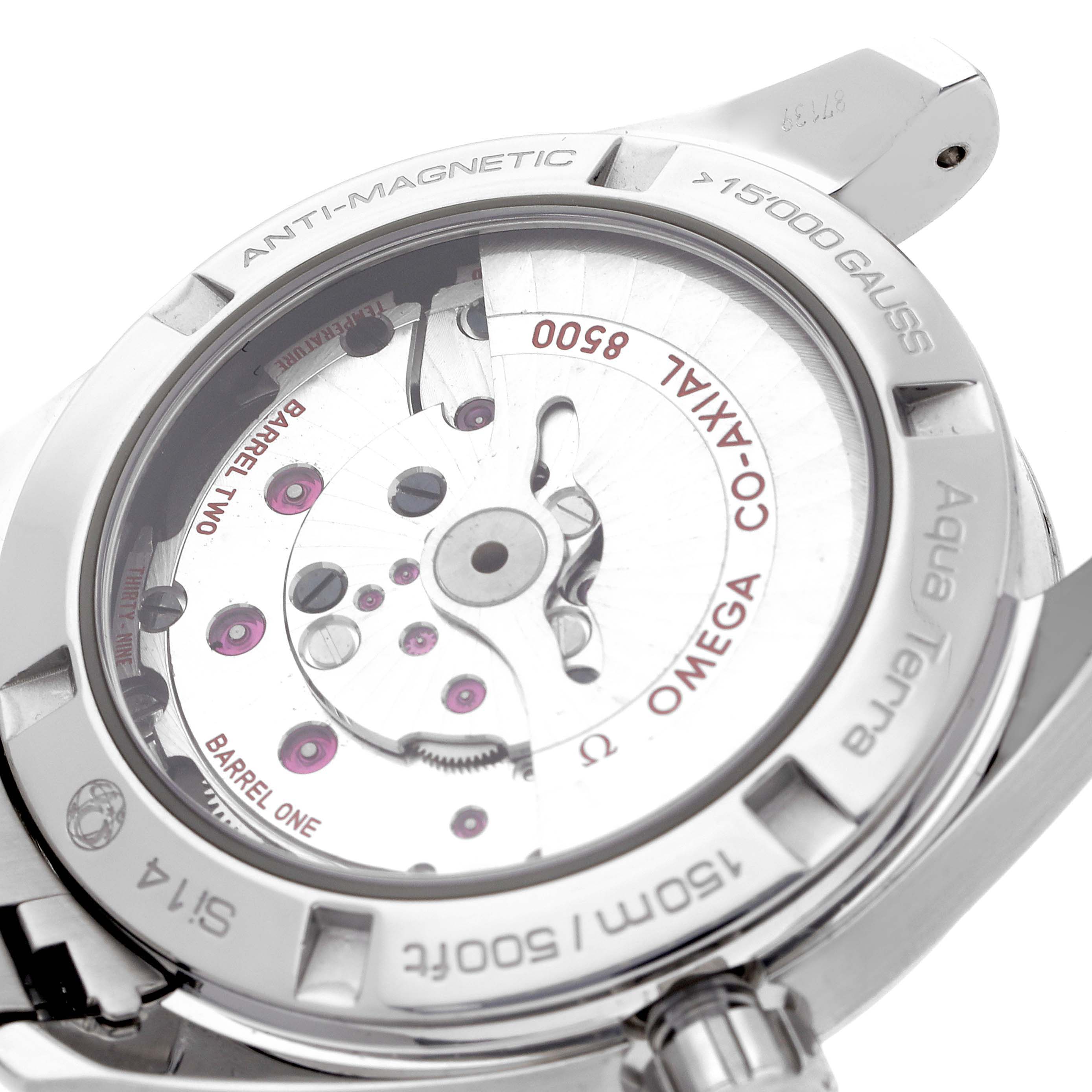 The image shows the back of the Omega Aqua Terra 231.10.39.21.03.002 Men
s Stainless Steel Blue Dial 231.10.39.21.03.002 Men
s Stainless Steel Blue Dial watch, highlighting the movement and anti-magnetic features.