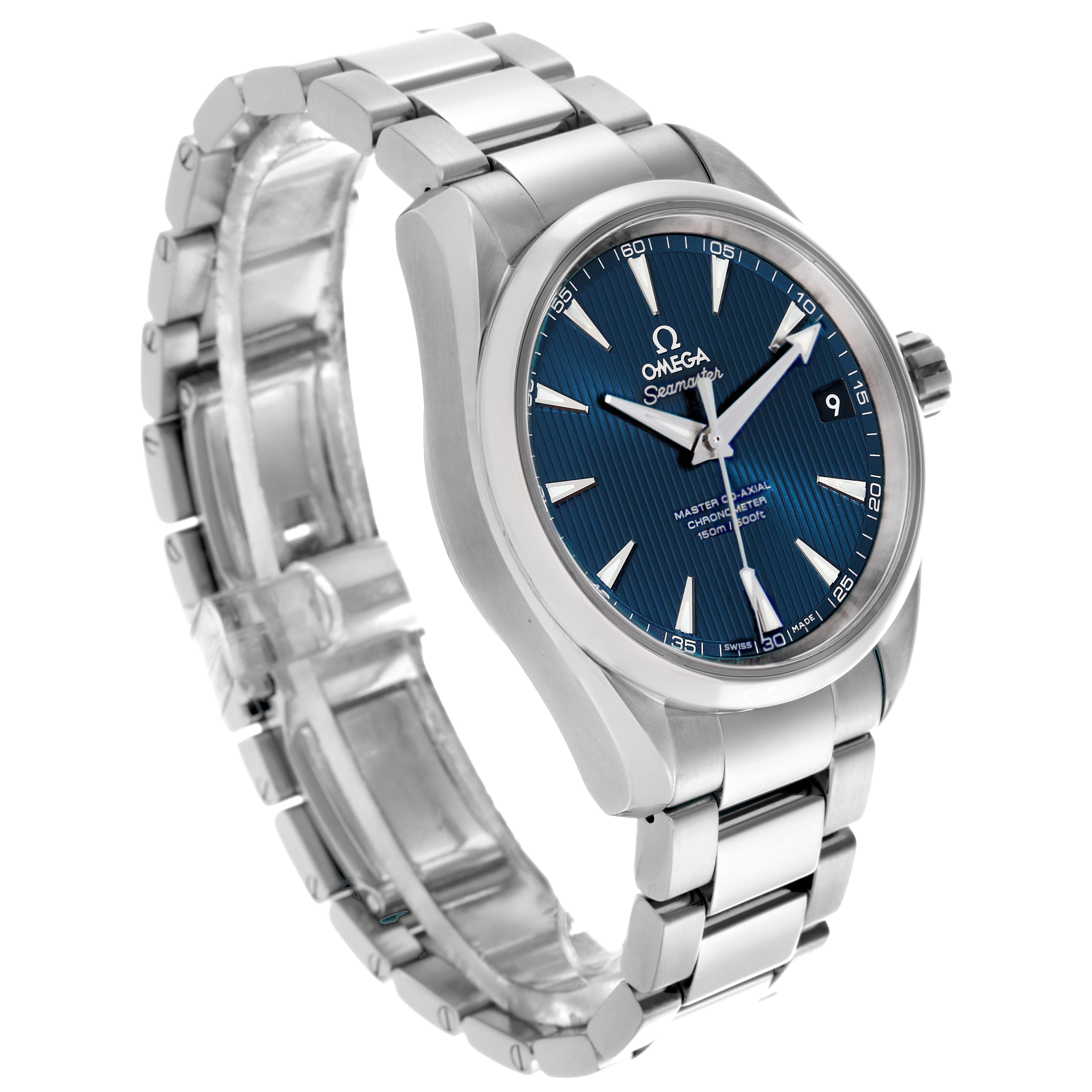 The Omega Aqua Terra 231.10.39.21.03.002 Men
s Stainless Steel Blue Dial 231.10.39.21.03.002 Men
s Stainless Steel Blue Dial watch is shown at a slight angle, displaying the blue dial, silver bracelet, and crown.