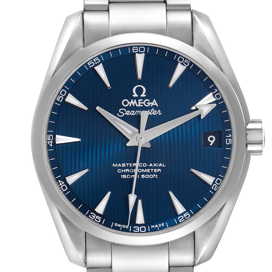The Omega Aqua Terra watch is shown from the front, displaying its blue dial, hour markers, hands, and part of the bracelet.