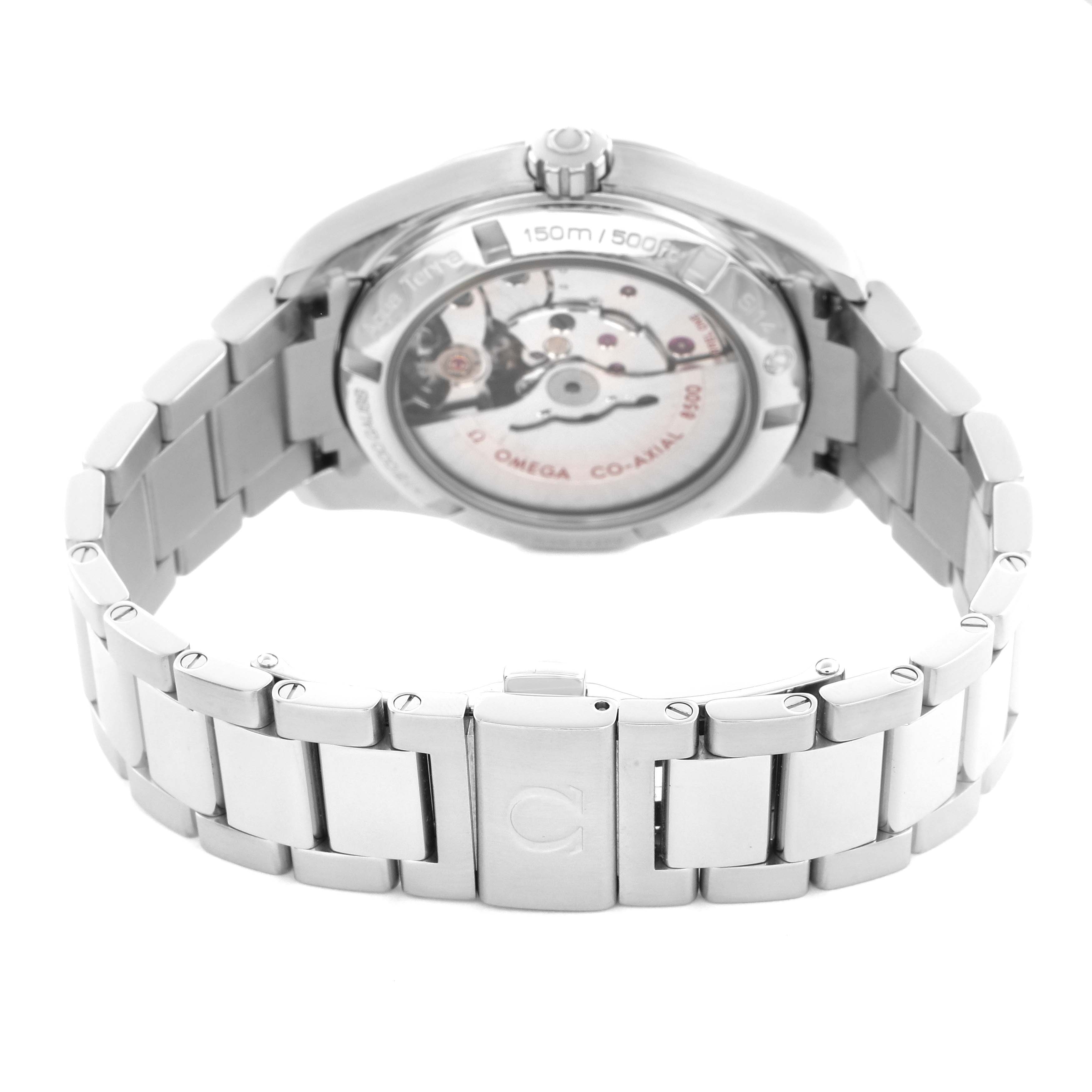 The Omega Aqua Terra 231.10.39.21.03.002 Men
s Stainless Steel Blue Dial 231.10.39.21.03.002 Men
s Stainless Steel Blue Dial watch is shown from the back, highlighting the transparent case back and metal bracelet.