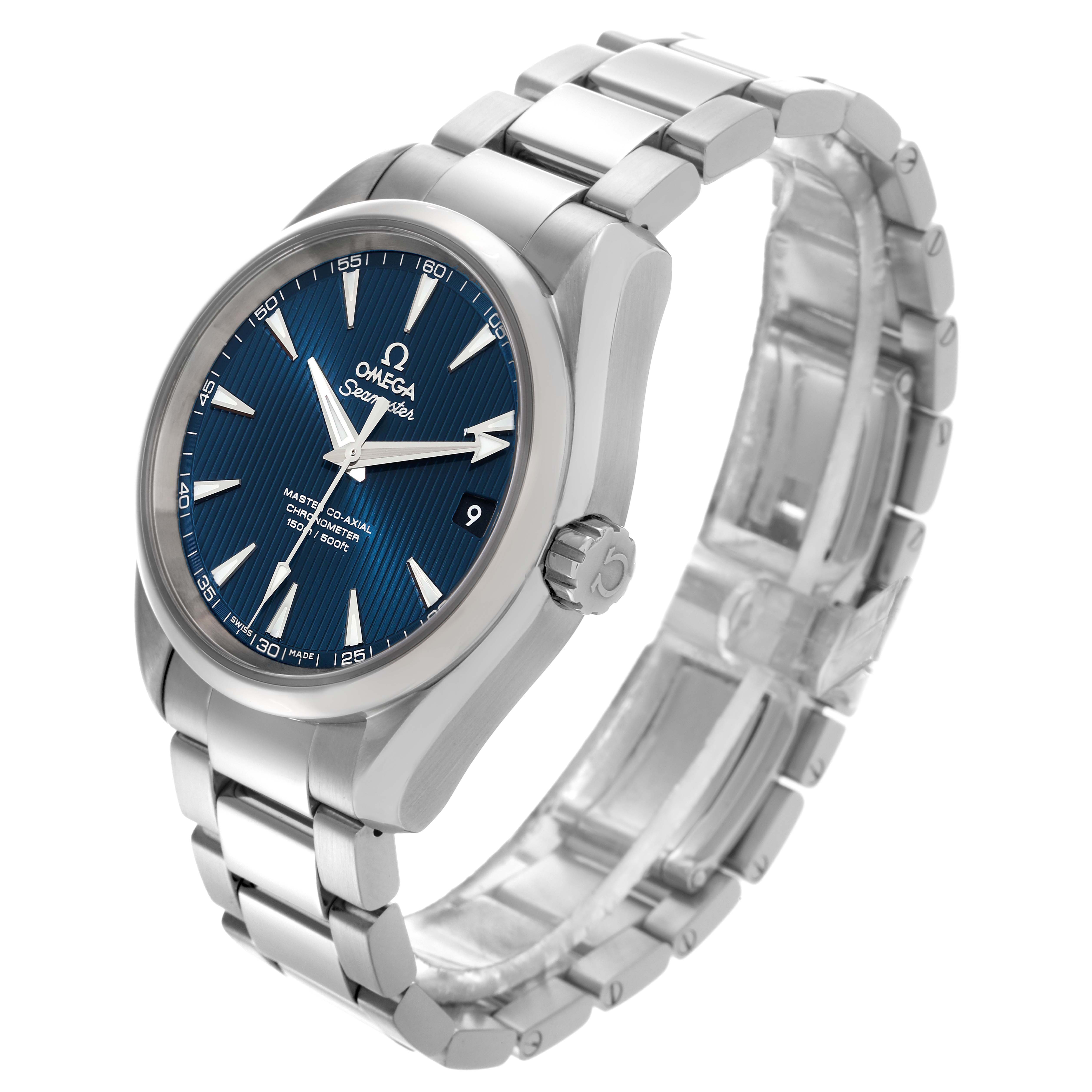 The Omega Aqua Terra 231.10.39.21.03.002 Men
s Stainless Steel Blue Dial 231.10.39.21.03.002 Men
s Stainless Steel Blue Dial watch is shown at a three-quarter angle, highlighting the face, bracelet, and crown.