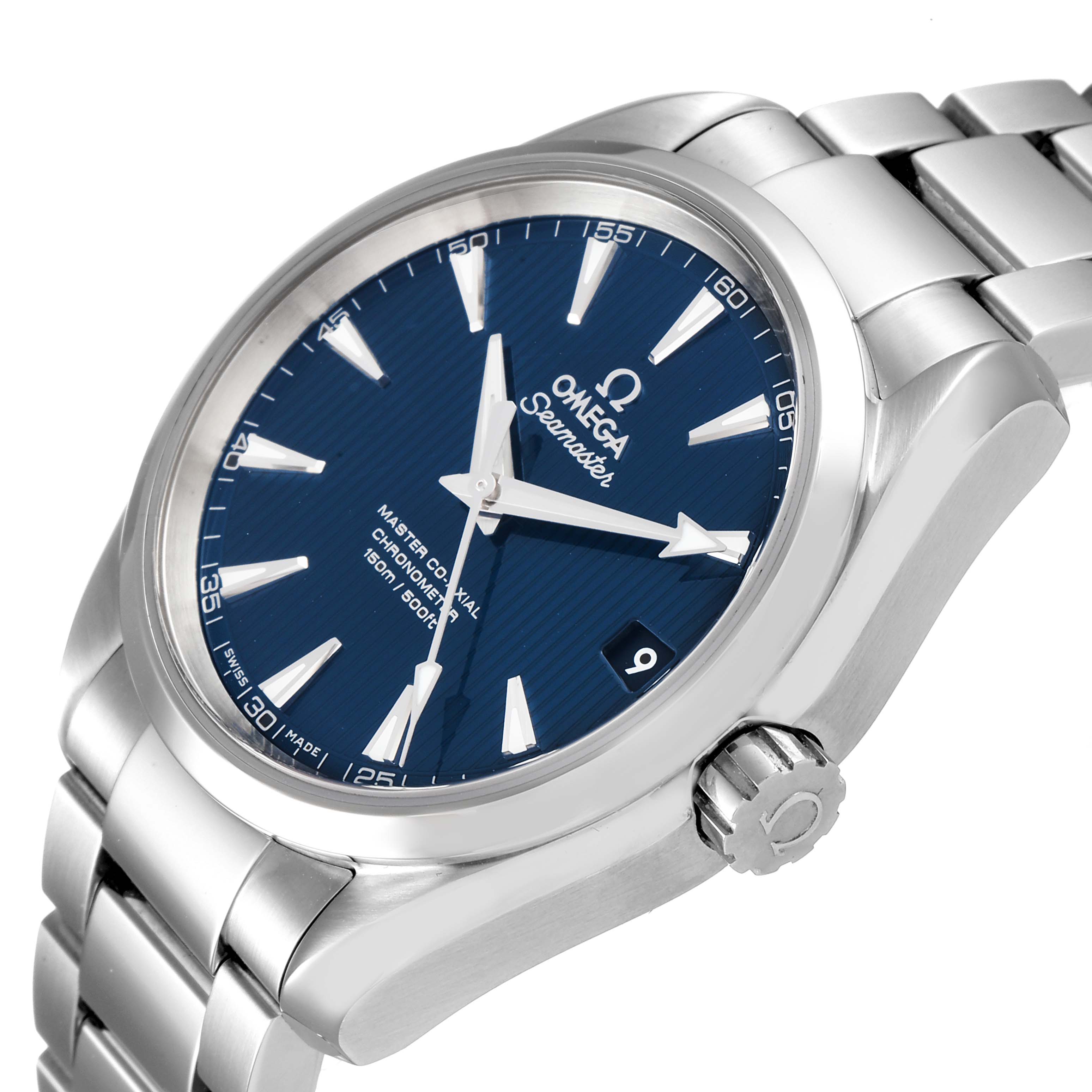 This Omega Aqua Terra 231.10.39.21.03.002 Men
s Stainless Steel Blue Dial 231.10.39.21.03.002 Men
s Stainless Steel Blue Dial watch is angled to show the face, crown, and part of the bracelet.