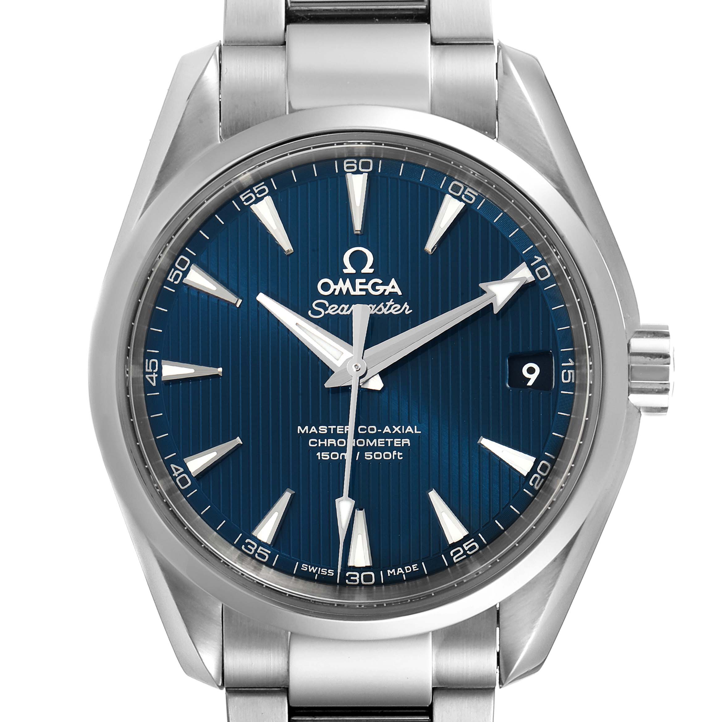 The image shows a frontal view of the Omega Aqua Terra 231.10.39.21.03.002 Men
s Stainless Steel Blue Dial 231.10.39.21.03.002 Men
s Stainless Steel Blue Dial watch, highlighting its blue dial, hour markers, and date window.