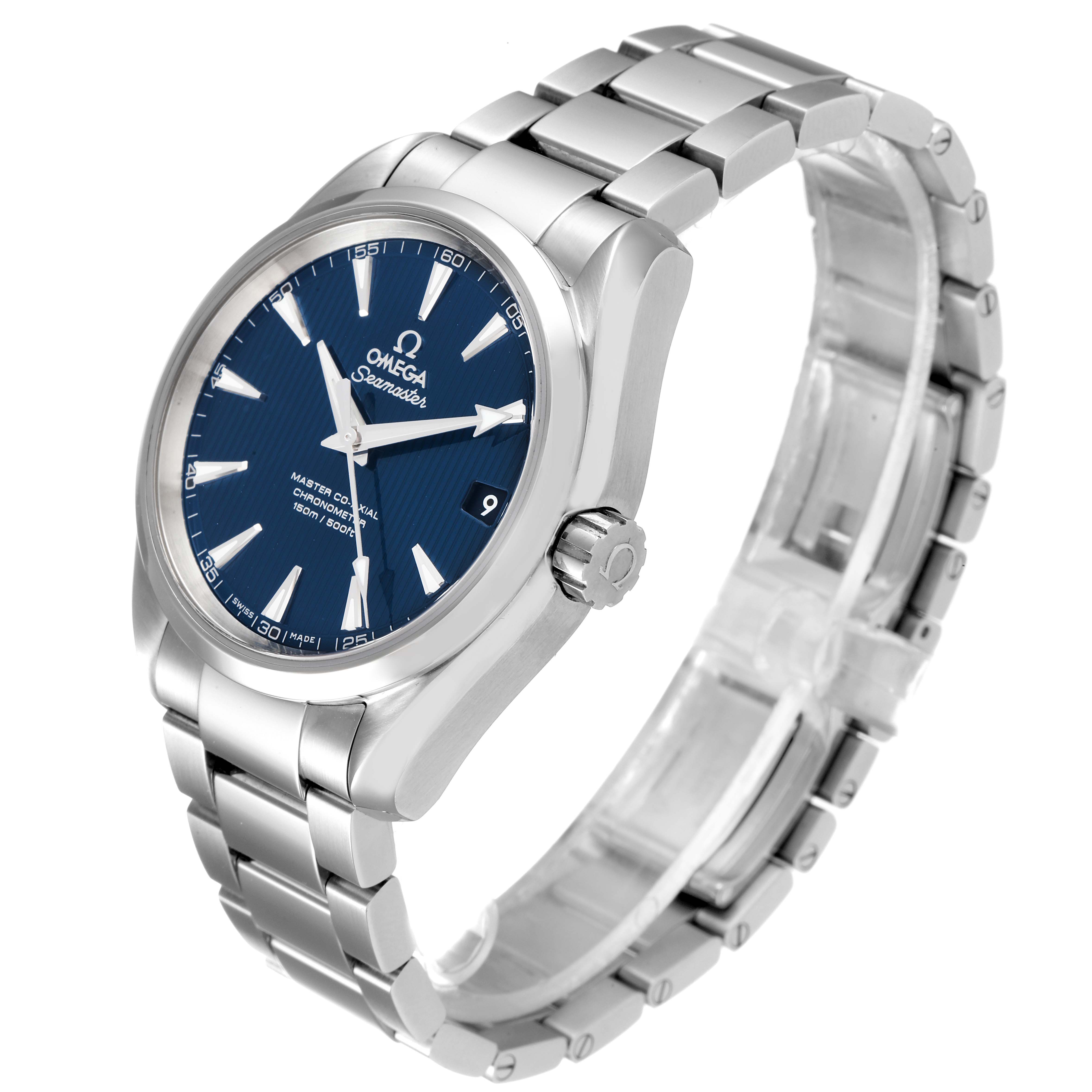 The image shows an angled view of the Omega Aqua Terra 231.10.39.21.03.002 Men
s Stainless Steel Blue Dial 231.10.39.21.03.002 Men
s Stainless Steel Blue Dial watch, displaying its face, bezel, crown, and bracelet.