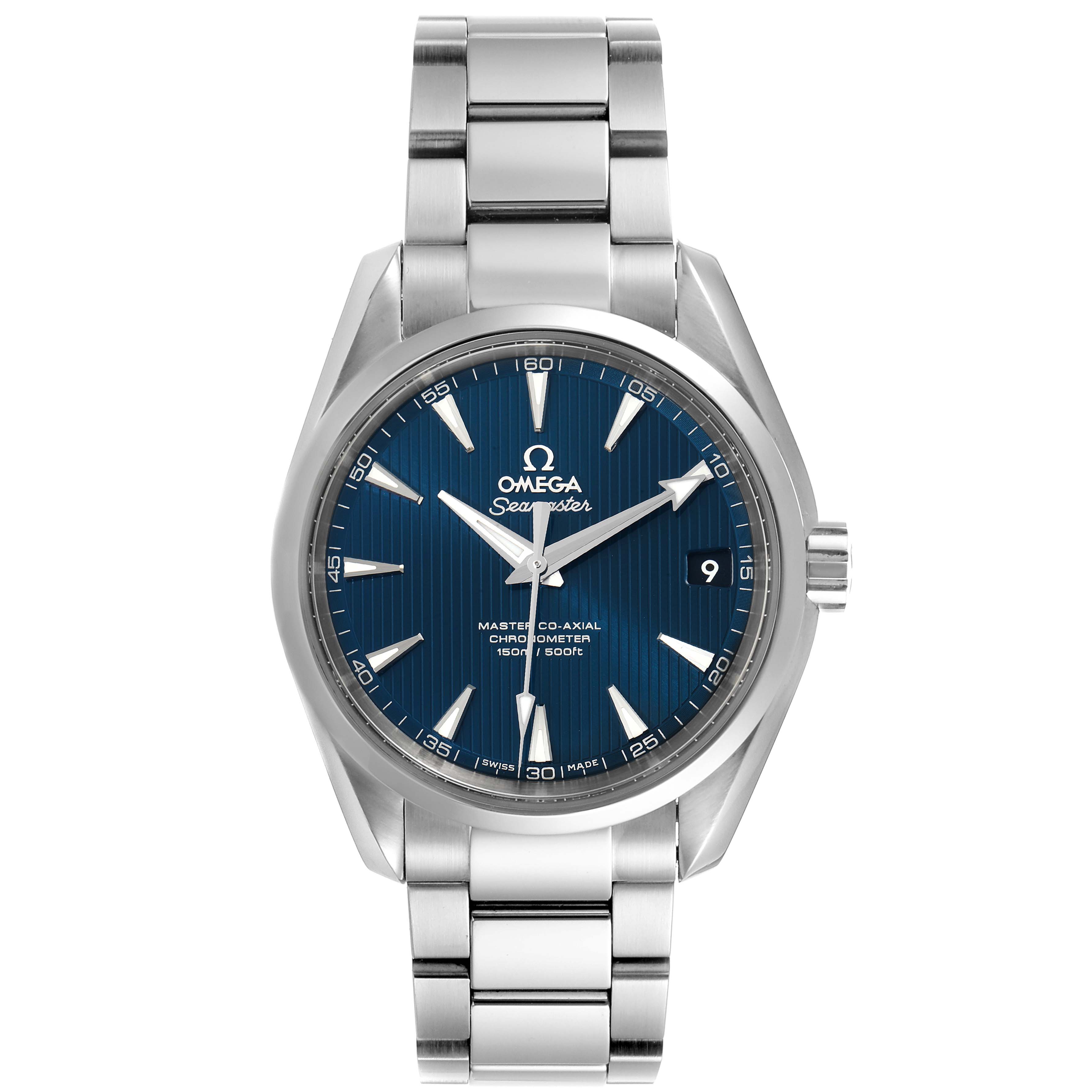 The image shows a front view of the Omega Aqua Terra 231.10.39.21.03.002 Men
s Stainless Steel Blue Dial 231.10.39.21.03.002 Men
s Stainless Steel Blue Dial watch, featuring its blue dial, metal bracelet, and date display.