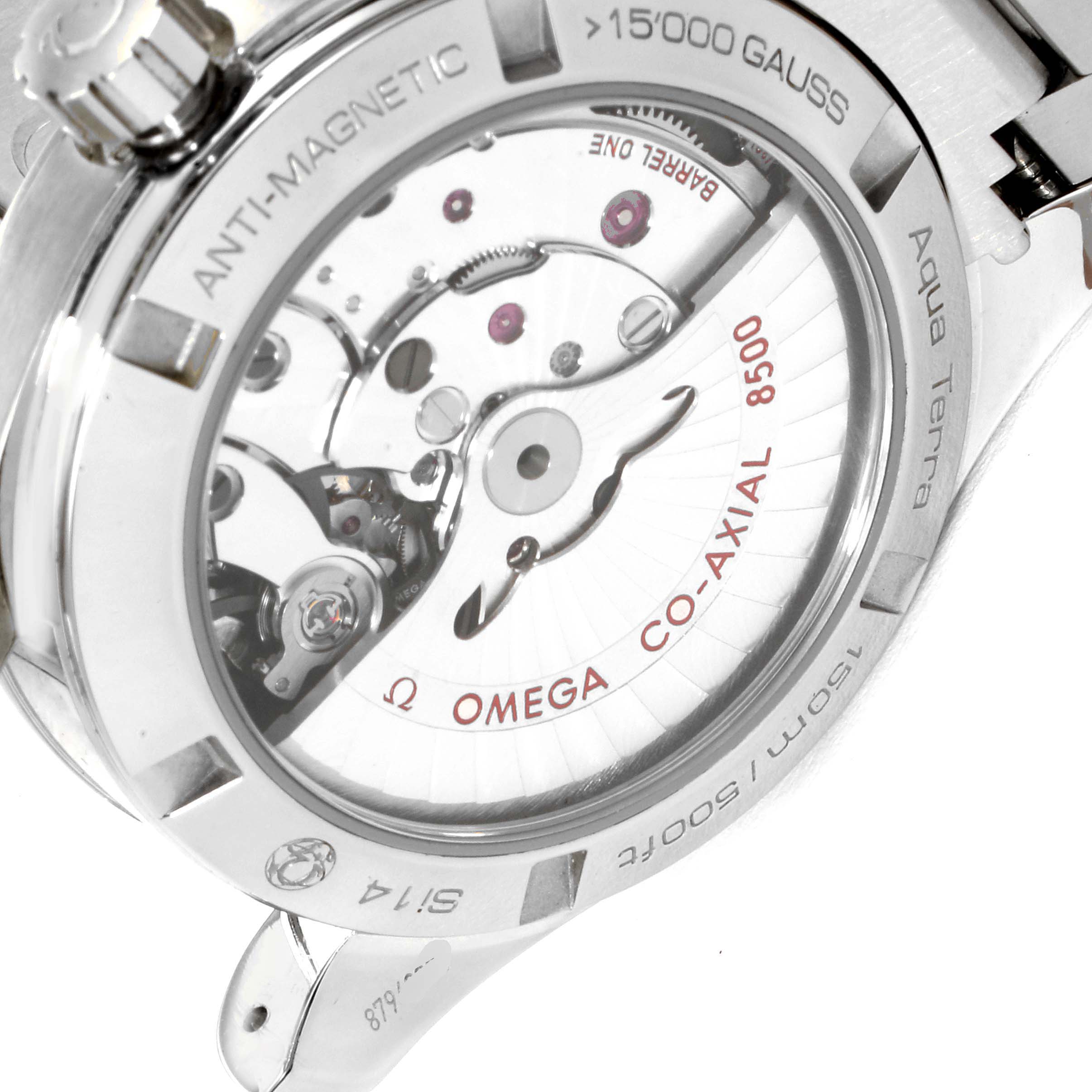 The image shows the back case of the Omega Aqua Terra 231.10.39.21.03.002 Men
s Stainless Steel Blue Dial 231.10.39.21.03.002 Men
s Stainless Steel Blue Dial, highlighting the anti-magnetic and co-axial 8500 movement.