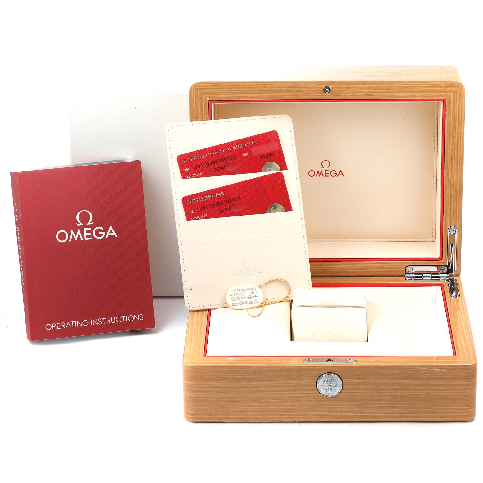 This image shows the Omega Aqua Terra 231.10.39.21.03.002 Men
s Stainless Steel Blue Dial 231.10.39.21.03.002 Men
s Stainless Steel Blue Dial model watch box, operating instructions manual, warranty cards, and a cardholder.