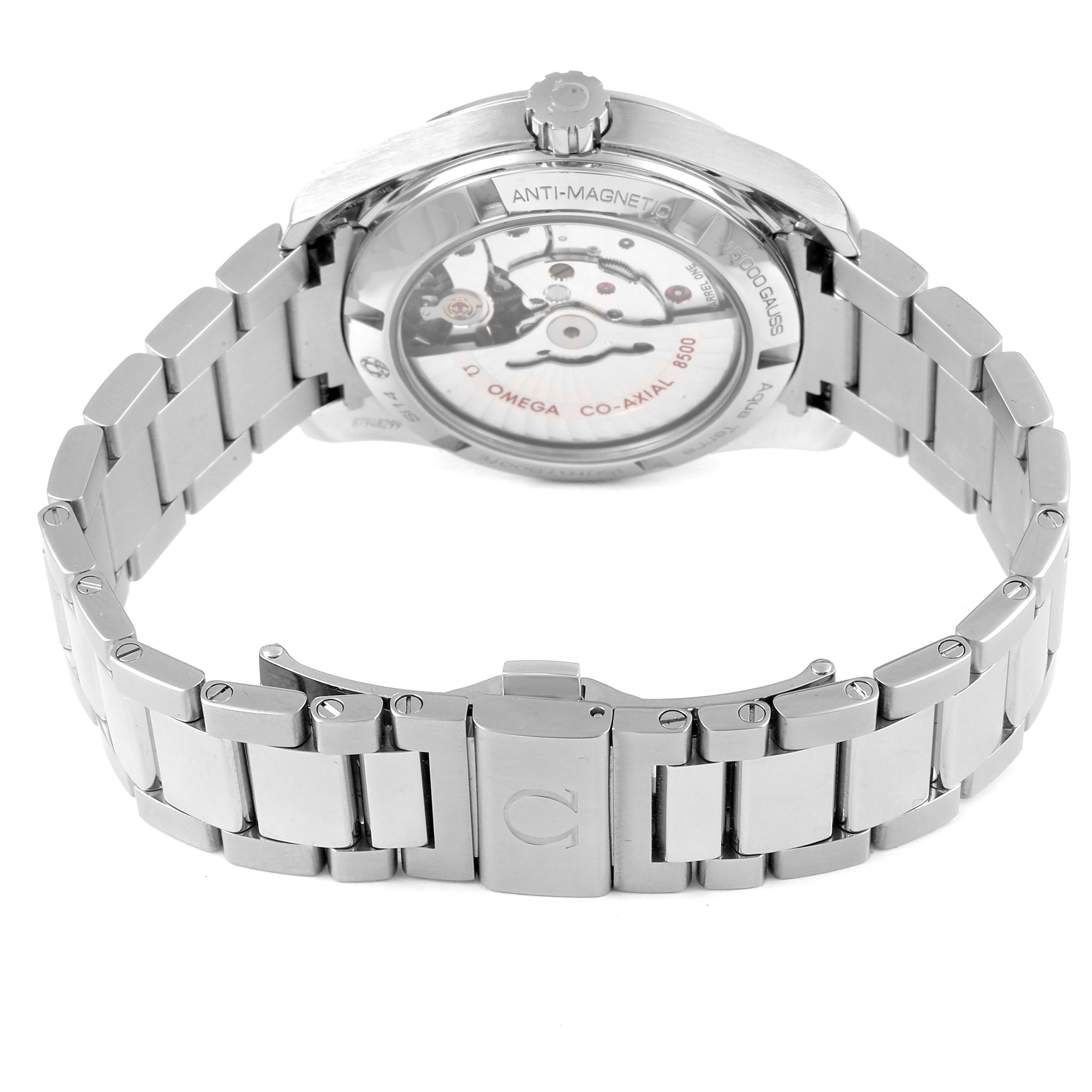 This image shows the back view of an Omega Aqua Terra 231.10.39.21.03.002 Men
s Stainless Steel Blue Dial 231.10.39.21.03.002 Men
s Stainless Steel Blue Dial watch, highlighting its bracelet and the exposed movement.