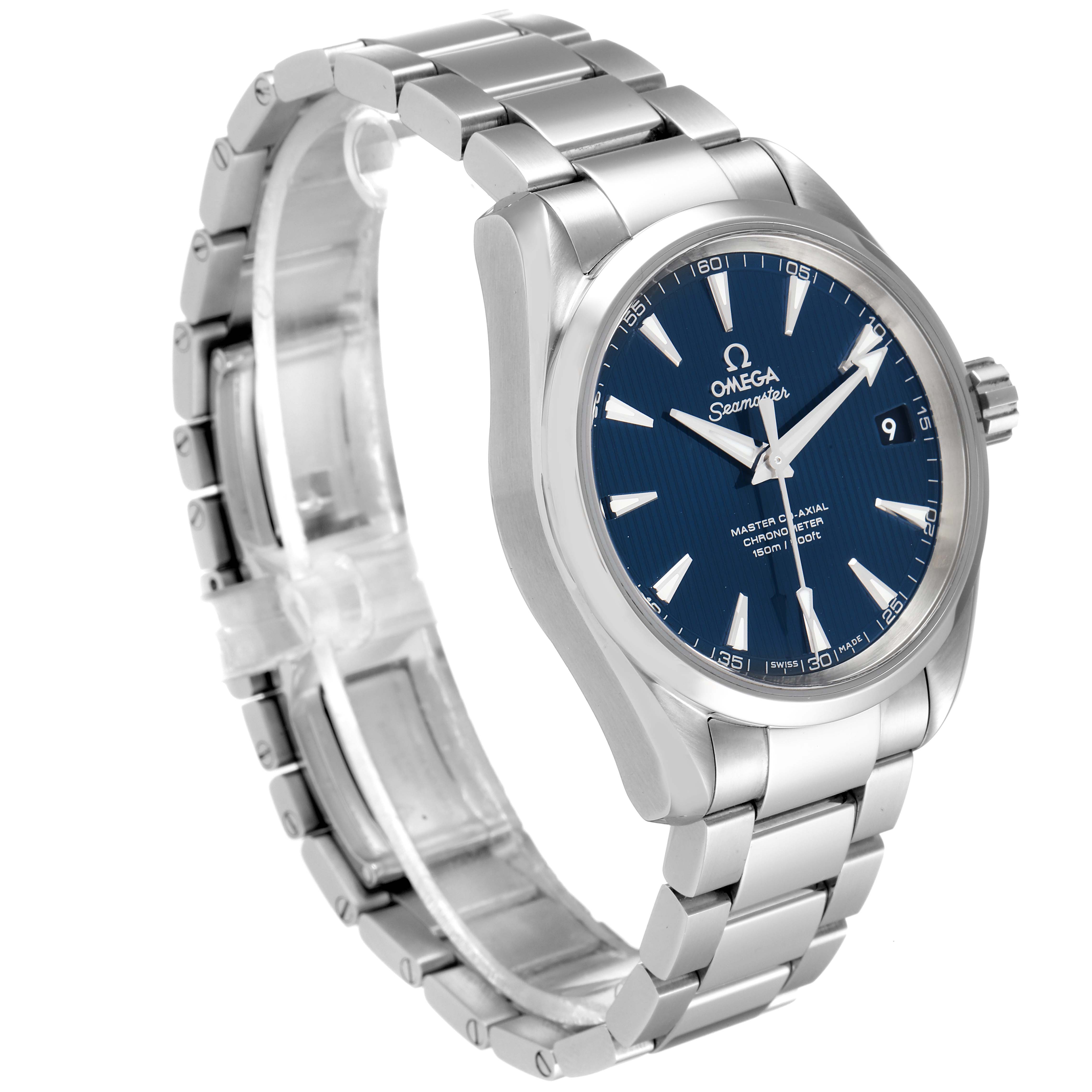 The Omega Aqua Terra 231.10.39.21.03.002 Men
s Stainless Steel Blue Dial 231.10.39.21.03.002 Men
s Stainless Steel Blue Dial watch is shown at a slight angle, displaying the face, case, crown, and bracelet.