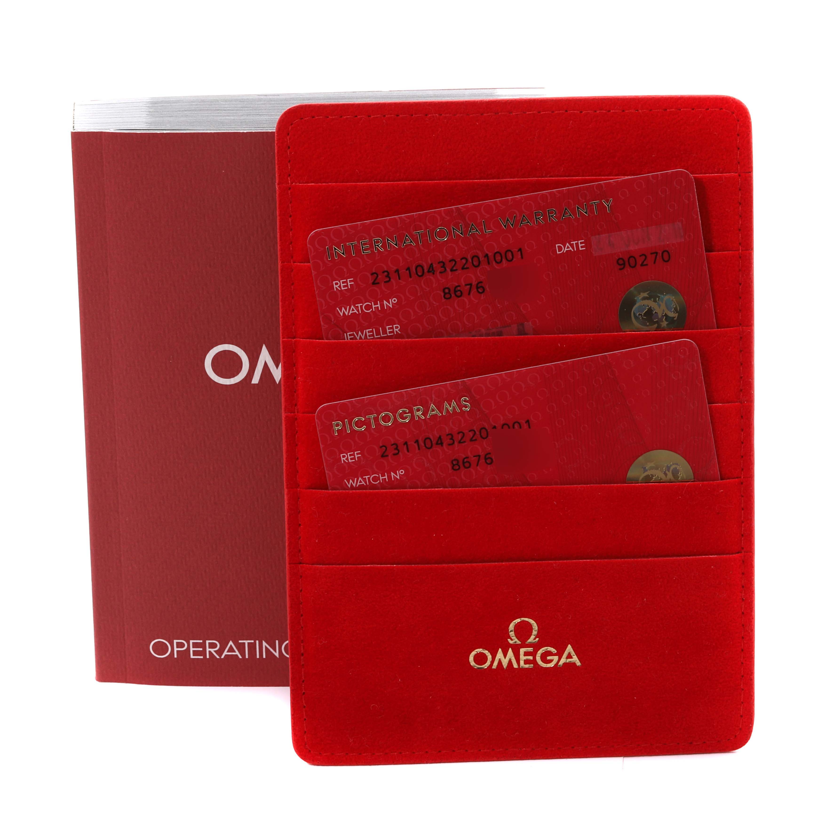 The image shows the Omega Aqua Terra 231.10.43.22.01.001 Men's Stainless Steel Black Dial 231.10.43.22.01.001 Men's Stainless Steel Black Dial model's operating manual and red warranty cardholder with cards.