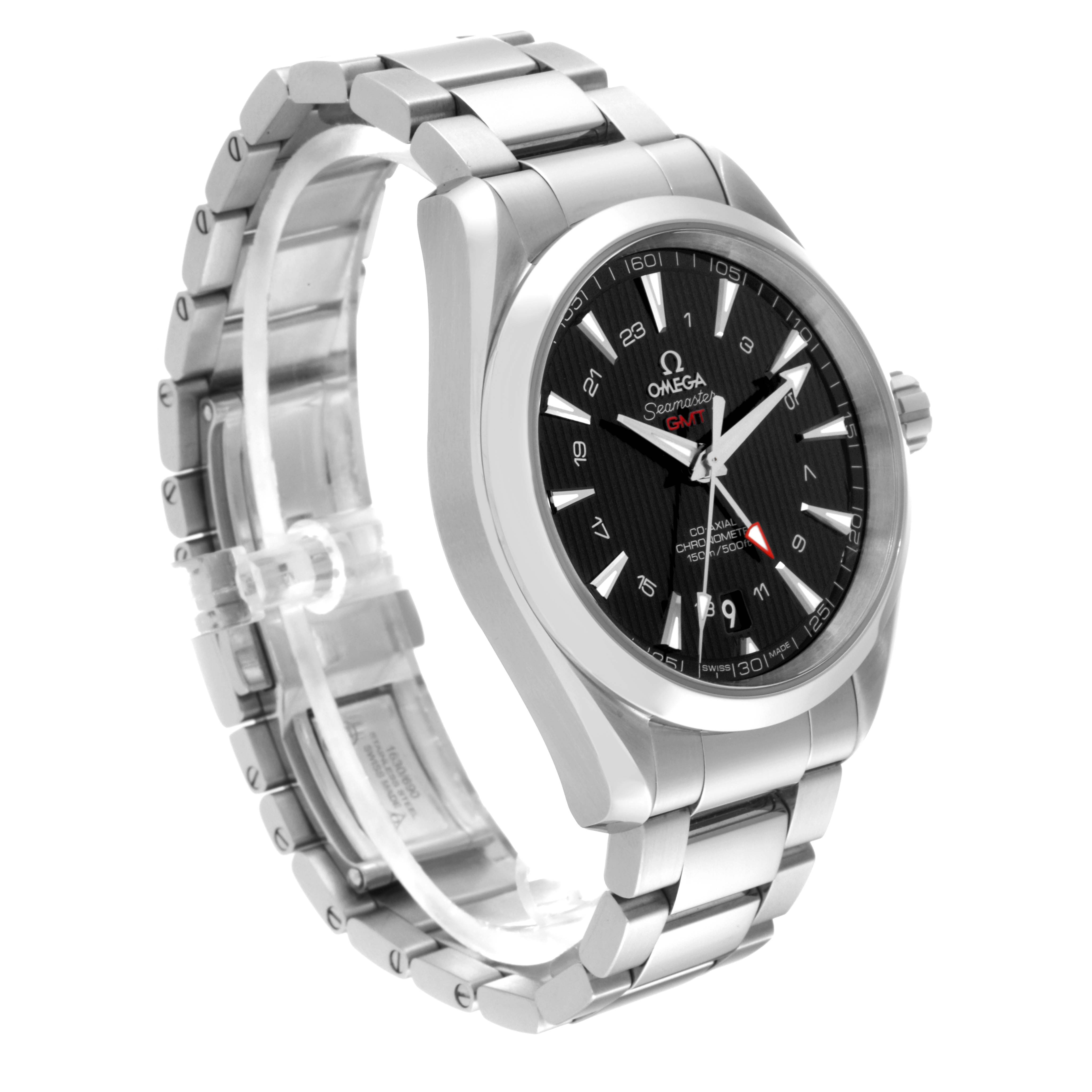 The Omega Aqua Terra 231.10.43.22.01.001 Men's Stainless Steel Black Dial 231.10.43.22.01.001 Men's Stainless Steel Black Dial watch is angled to show the face, bezel, crown, and bracelet from a partially side view.