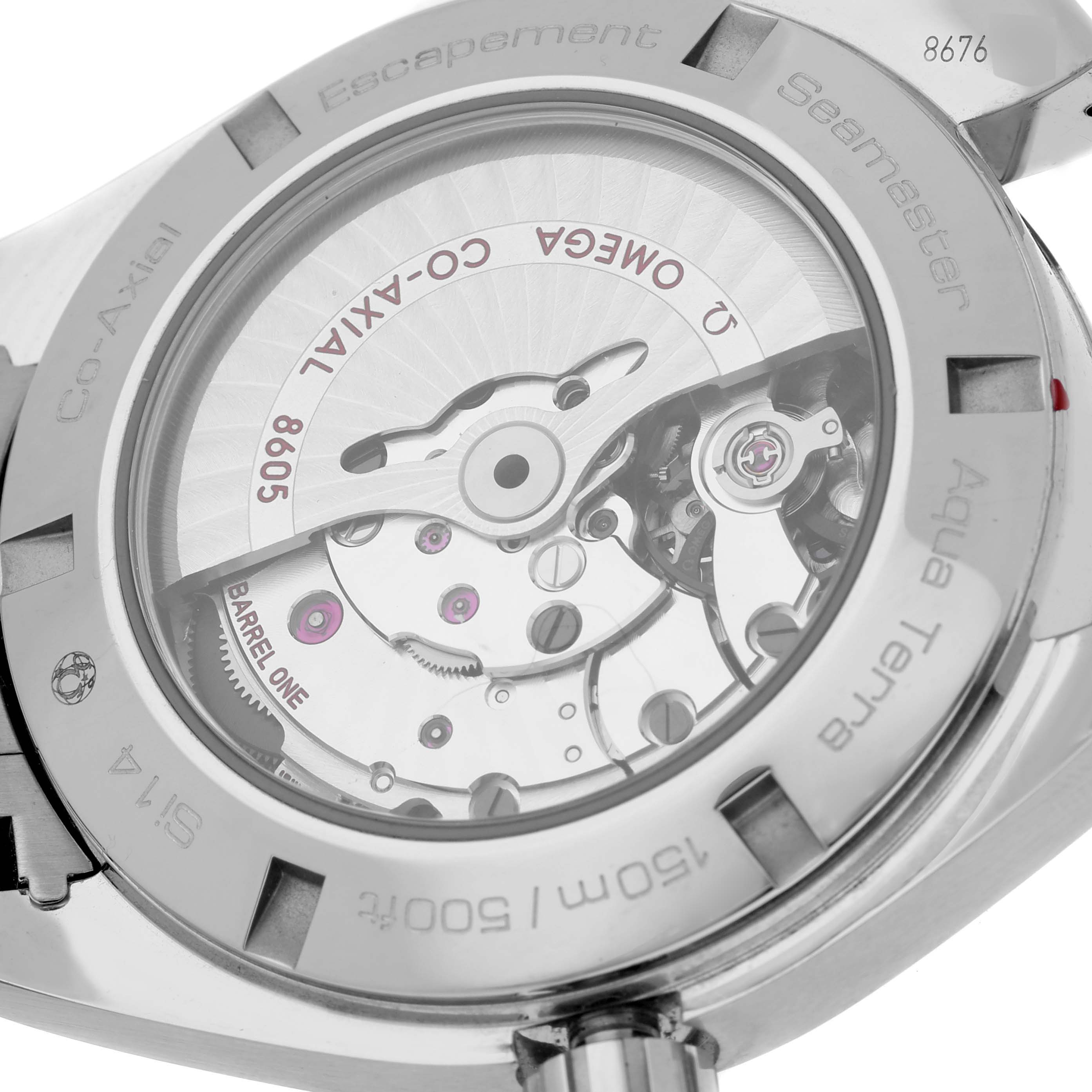 The image shows the back view of an Omega Aqua Terra 231.10.43.22.01.001 Men's Stainless Steel Black Dial 231.10.43.22.01.001 Men's Stainless Steel Black Dial watch, revealing its intricate internal mechanical movements.