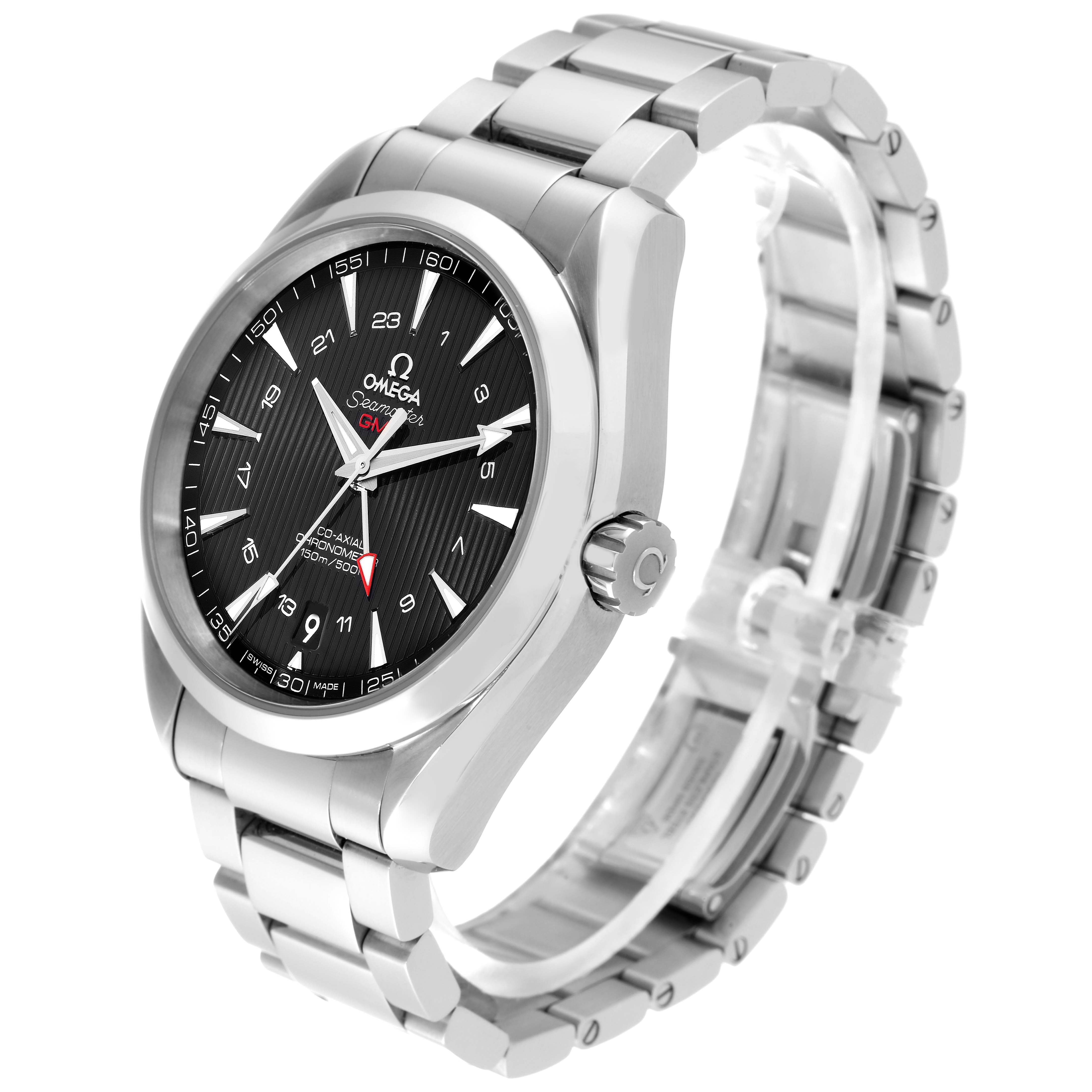 The image shows an Omega Aqua Terra 231.10.43.22.01.001 Men's Stainless Steel Black Dial 231.10.43.22.01.001 Men's Stainless Steel Black Dial watch from a front-left angle, highlighting the dial, bezel, crown, and stainless steel bracelet.