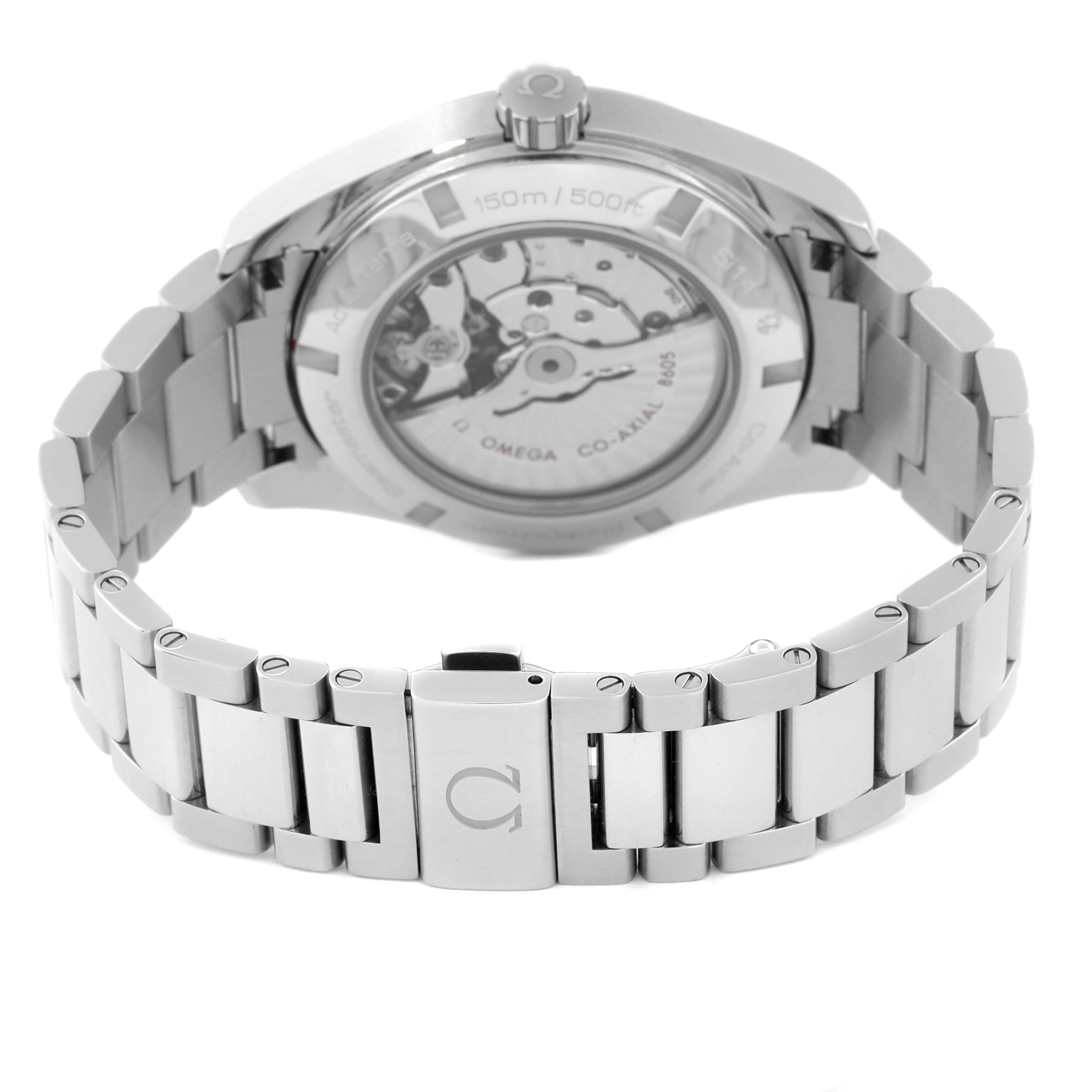 The image shows the back and bracelet of the Omega Aqua Terra 231.10.43.22.01.001 Men's Stainless Steel Black Dial 231.10.43.22.01.001 Men's Stainless Steel Black Dial, highlighting its mechanical movement and clasp.