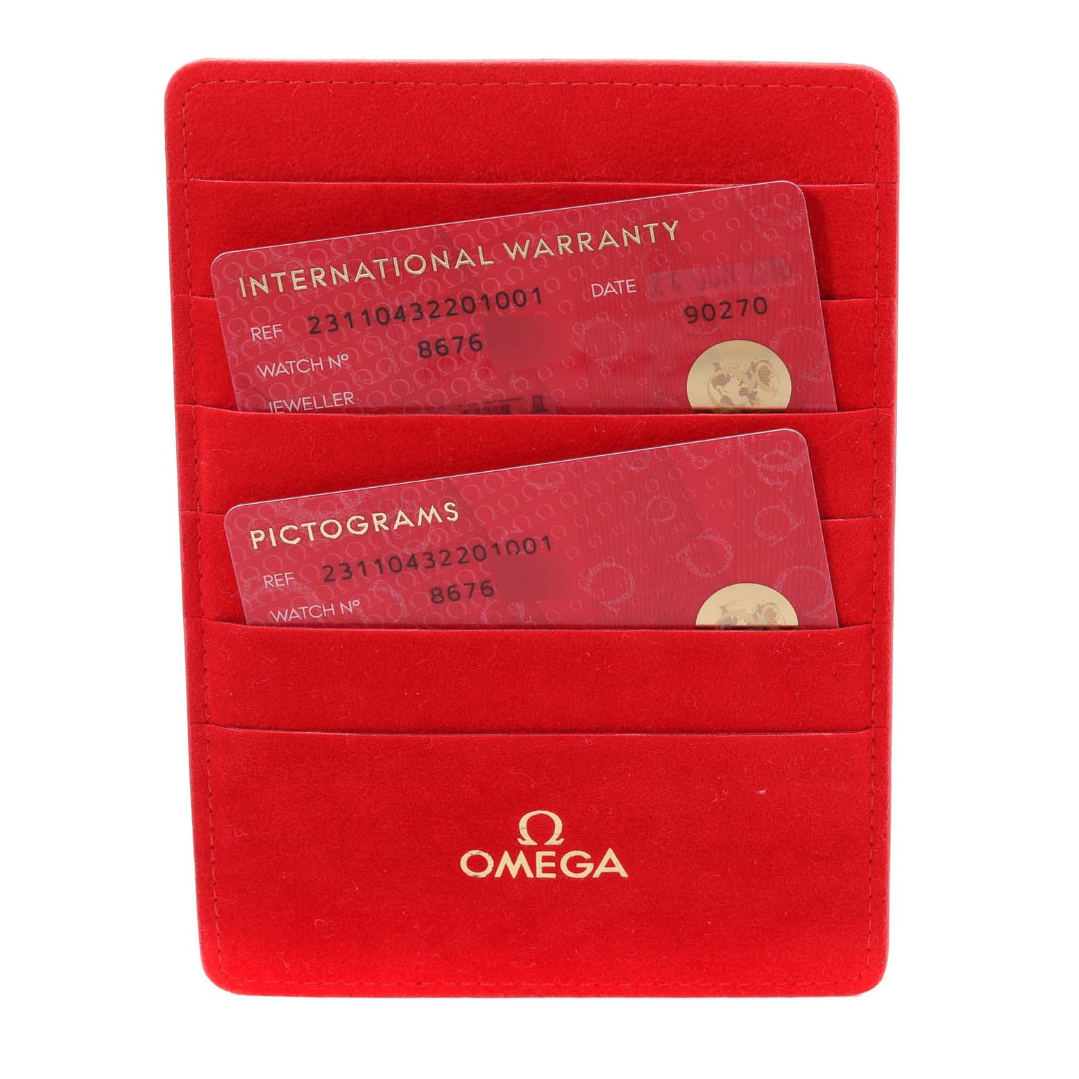 The image shows an Omega Aqua Terra 231.10.43.22.01.001 Men's Stainless Steel Black Dial 231.10.43.22.01.001 Men's Stainless Steel Black Dial model's red cardholder with international warranty and pictograms cards.