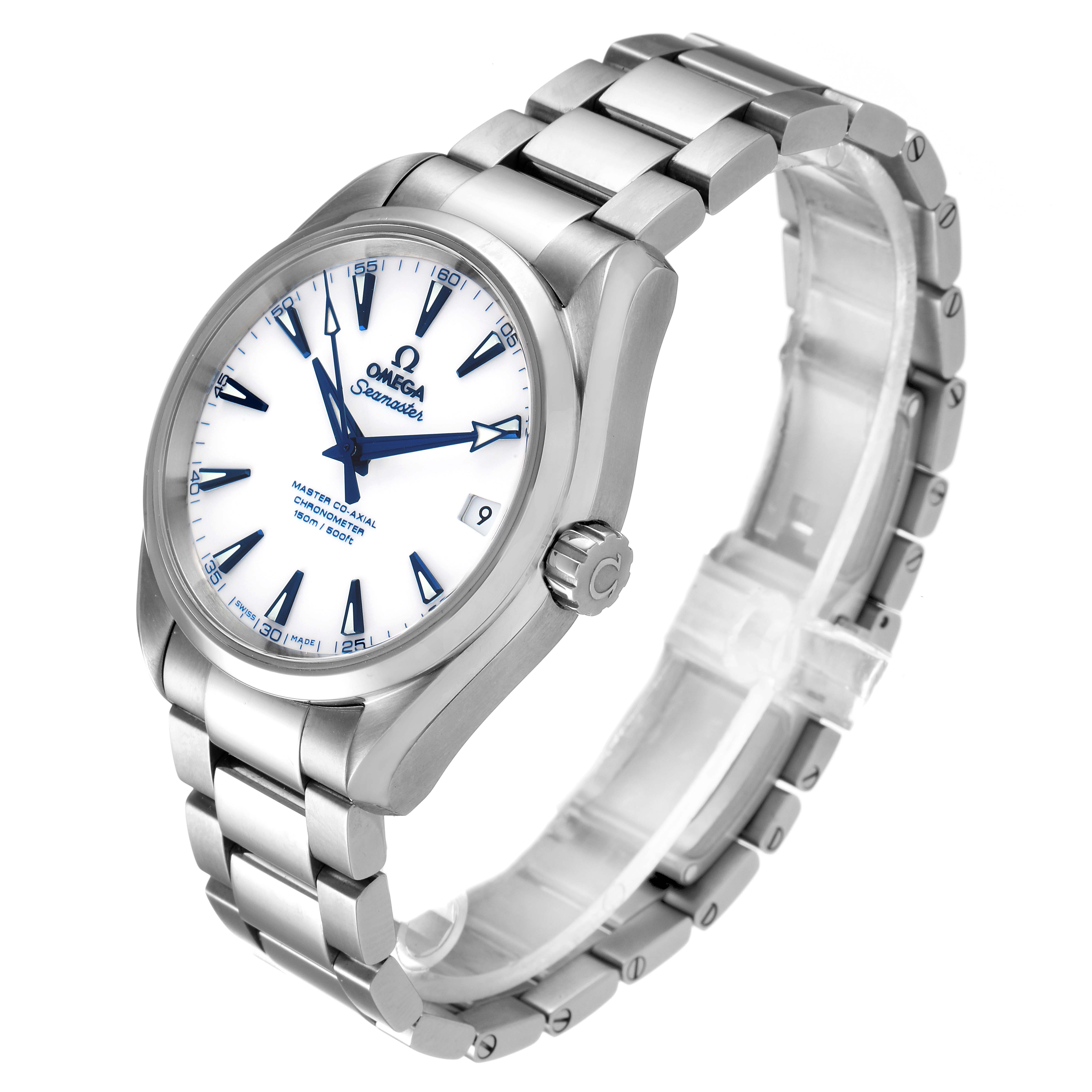 The Omega Aqua Terra 231.90.39.21.04.001 Men's Titanium White Dial 231.90.39.21.04.001 Men's Titanium White Dial watch is shown at a three-quarter angle, displaying its face, bracelet, and crown.